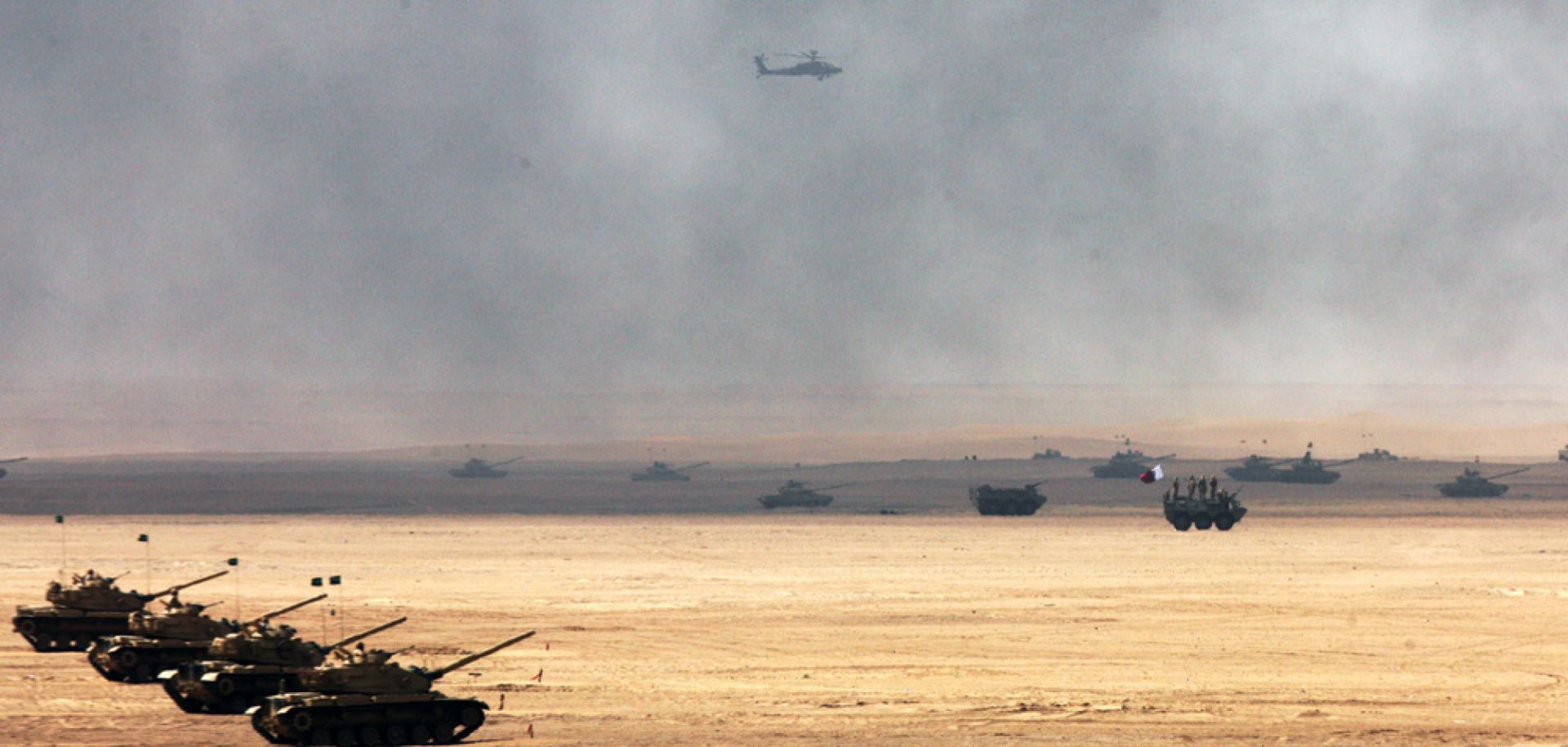 Tanks participate in a joint Gulf Cooperation Council military exercise north of Kuwait City.