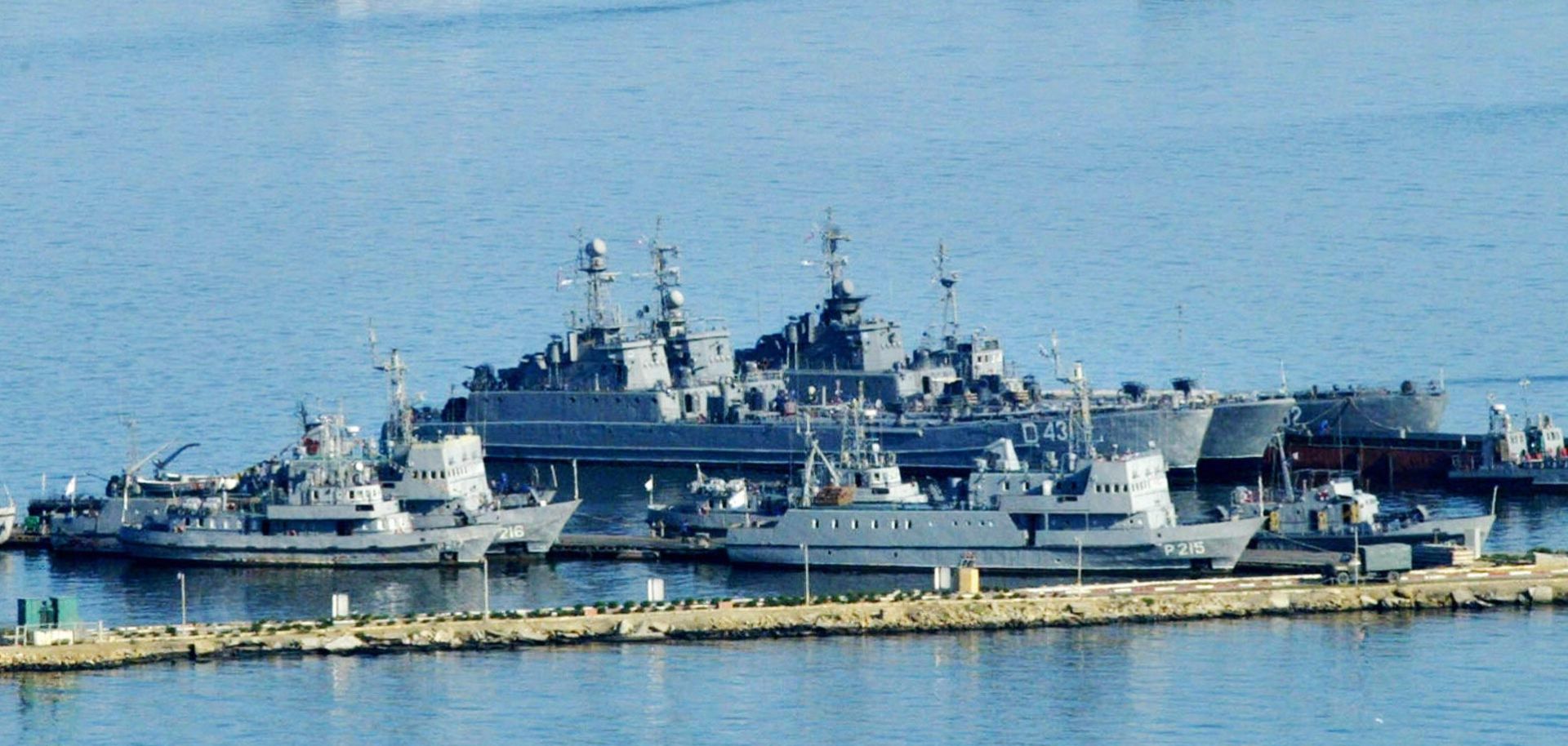 Azerbaijani naval vessels sit at the harbor in Baku in 2005.