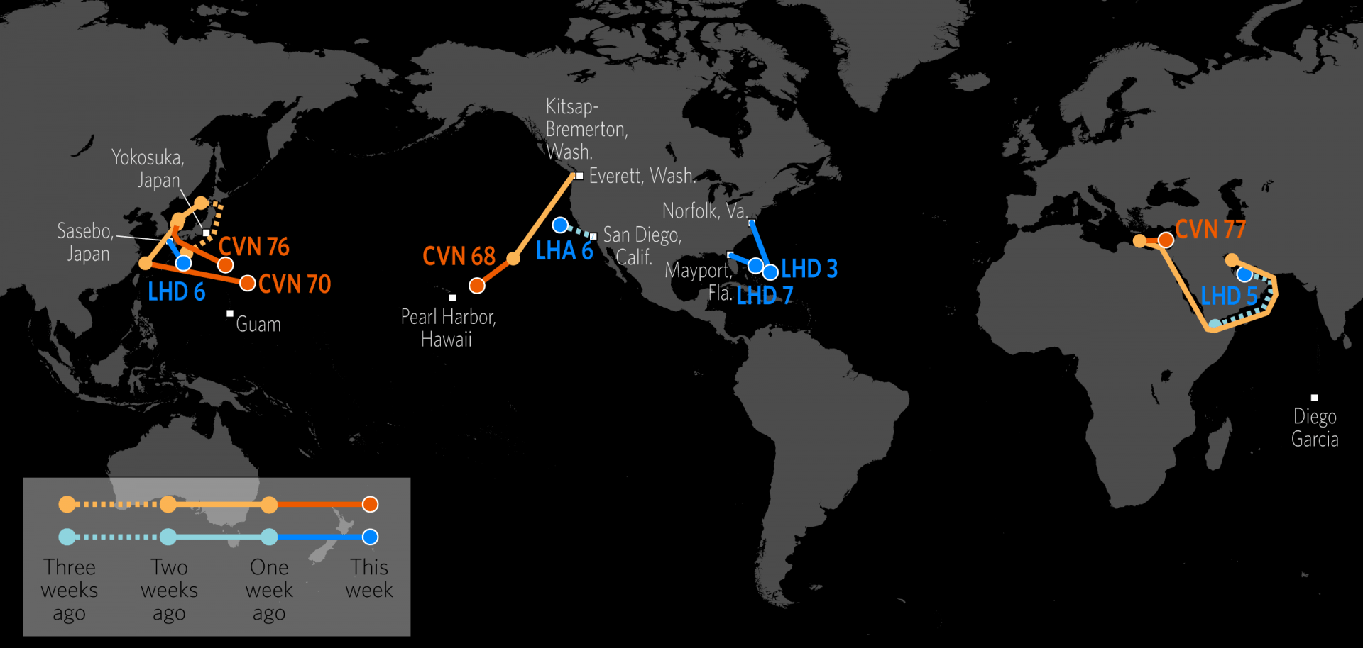 This map shows the approximate locations of U.S. Carrier Strike Groups and Amphibious Ready Groups.