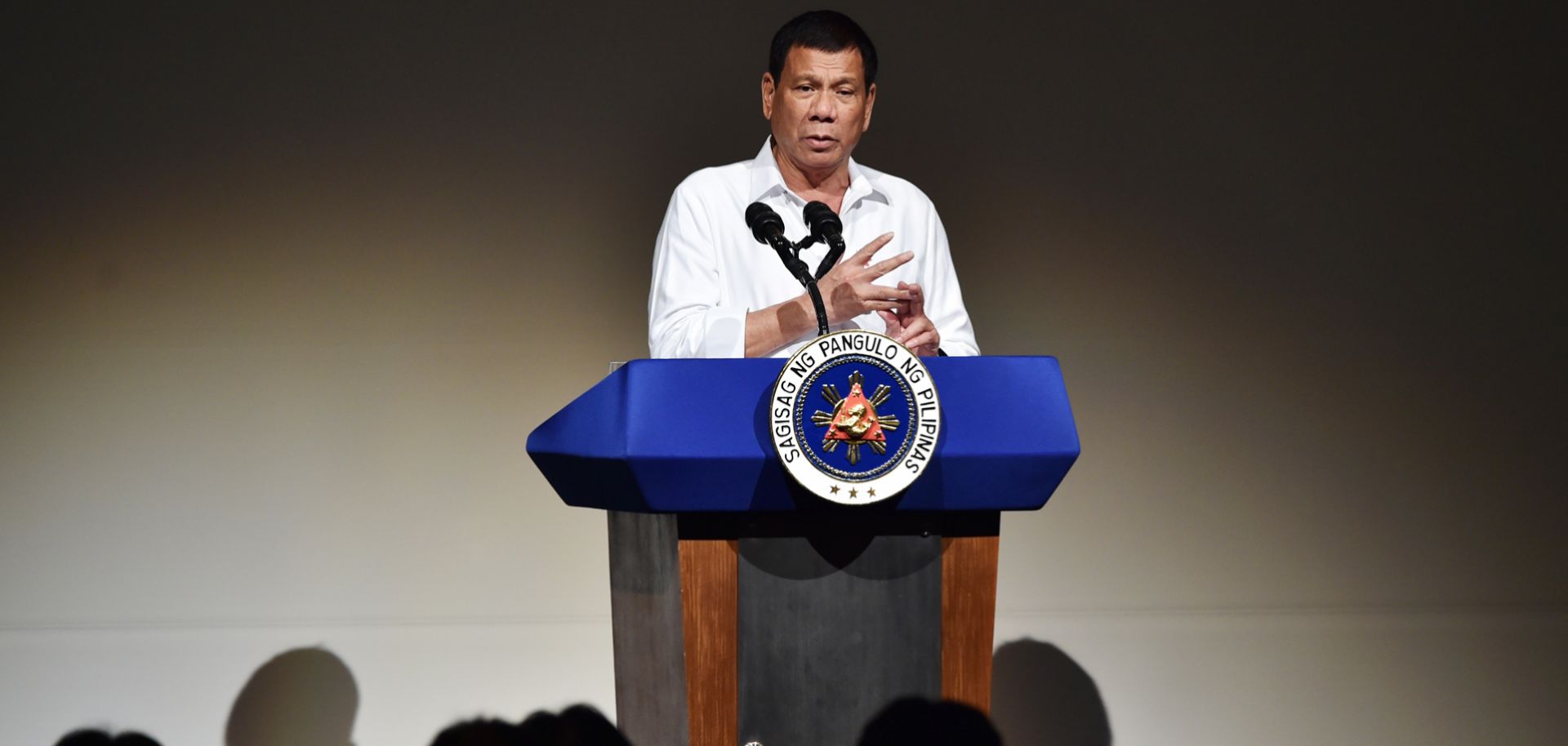 Philippine President Rodrigo Duterte delivers a speech at the Philippines Economic Forum in Tokyo on Oct. 26