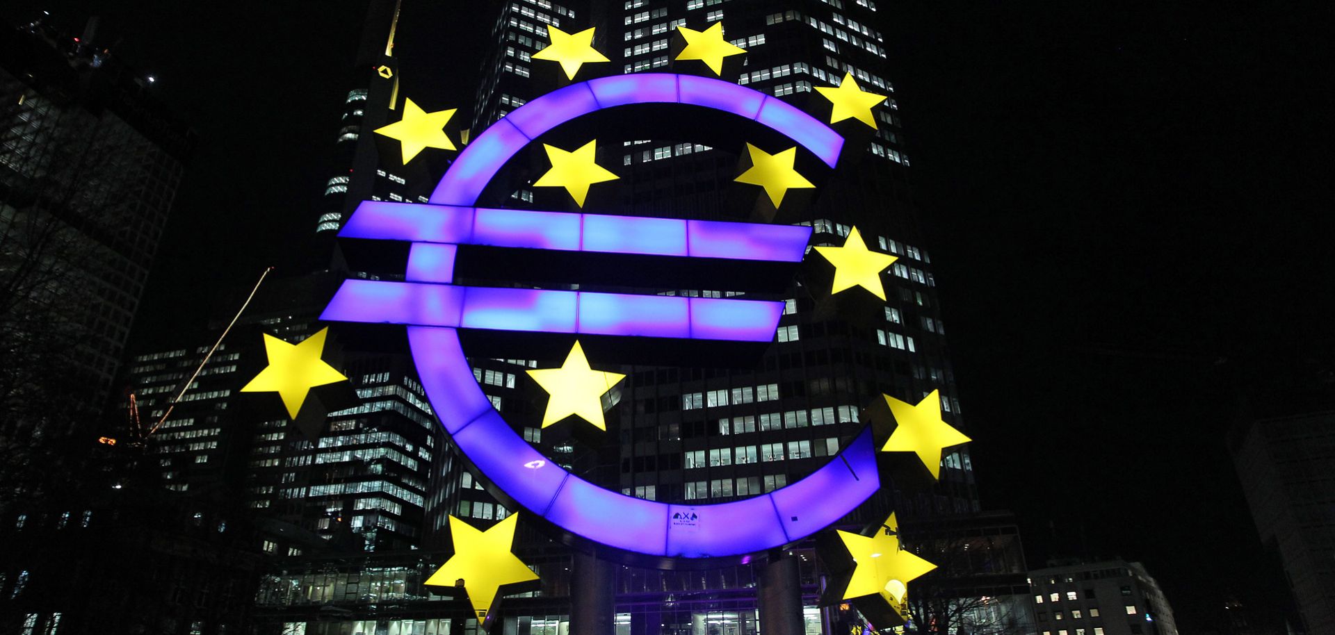 The symbol for the Euro currency sits in front of the European Central Bank's headquarters in Frankfurt, Germany.