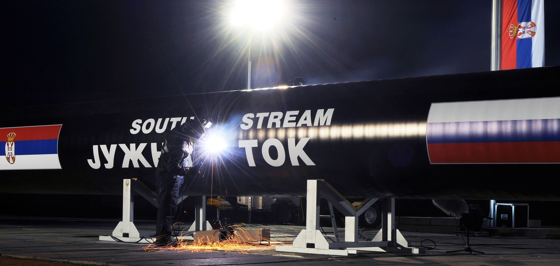 A worker welds together pieces of the South Stream pipeline in 2013.