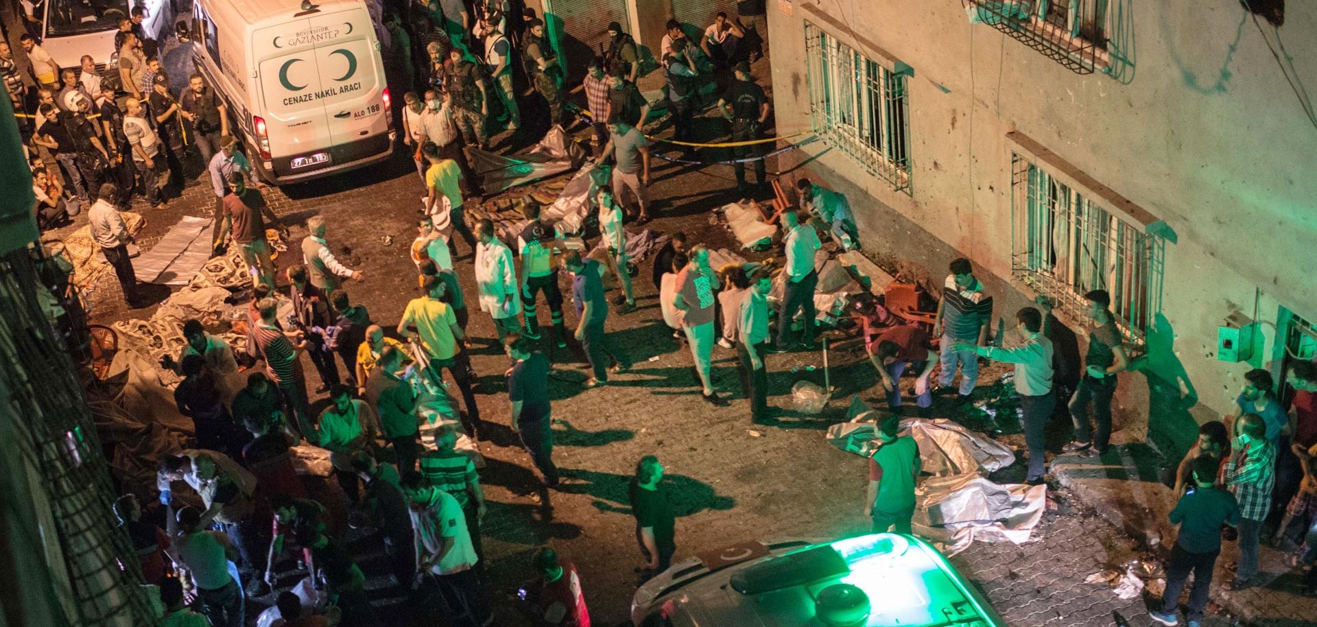 The scene of an explosion on Aug. 20, 2016, in Gaziantep, Turkey, after a late-night militant attack on a wedding party that Turkish President Recep Tayyip Erdogan said the Islamic State was behind.