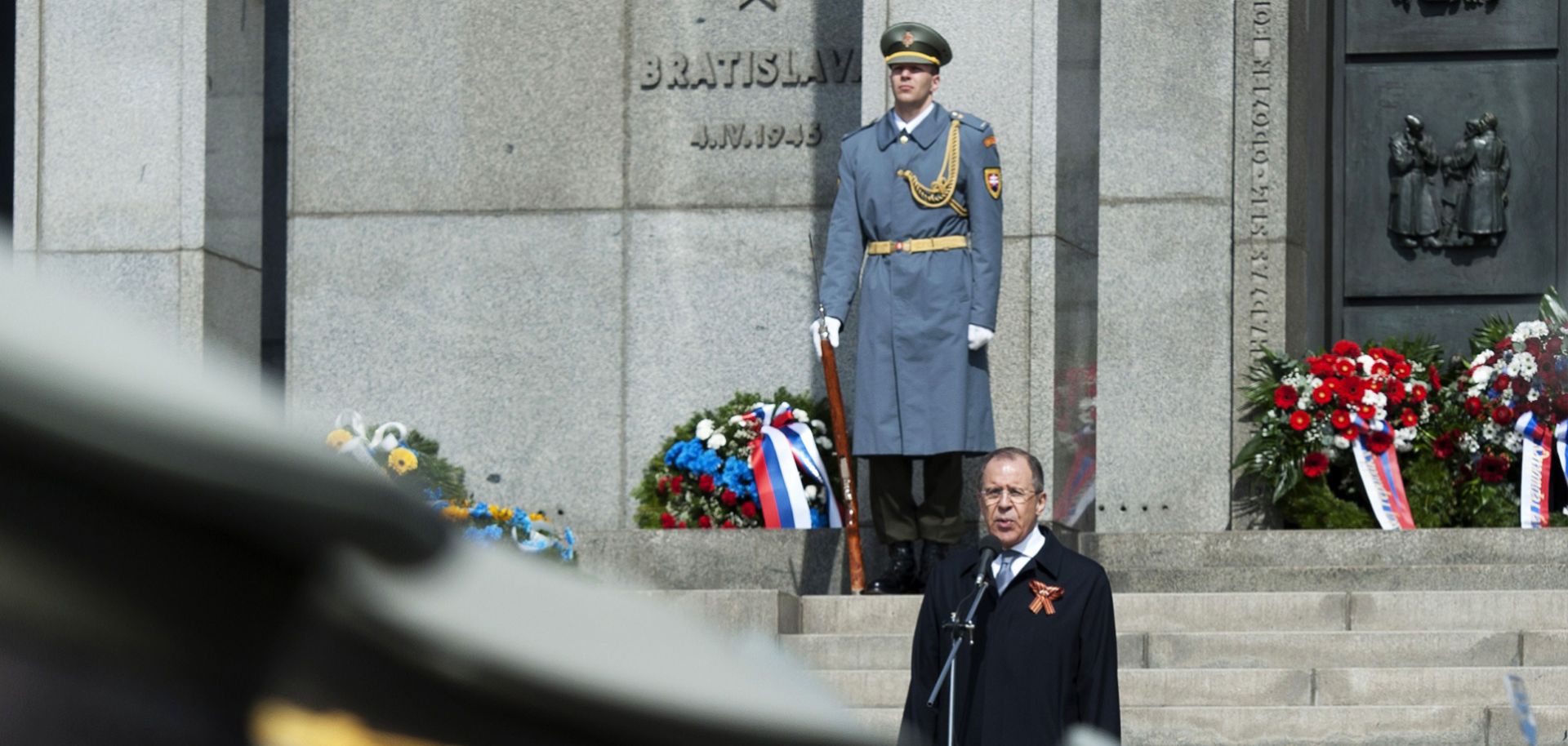 Russian Foreign Minister Sergei Lavrov speaks April 4 at the World War II memorial in Bratislava during a ceremony celebrating the 70th anniversary of the Red Army's liberation of Bratislava from the Nazis.