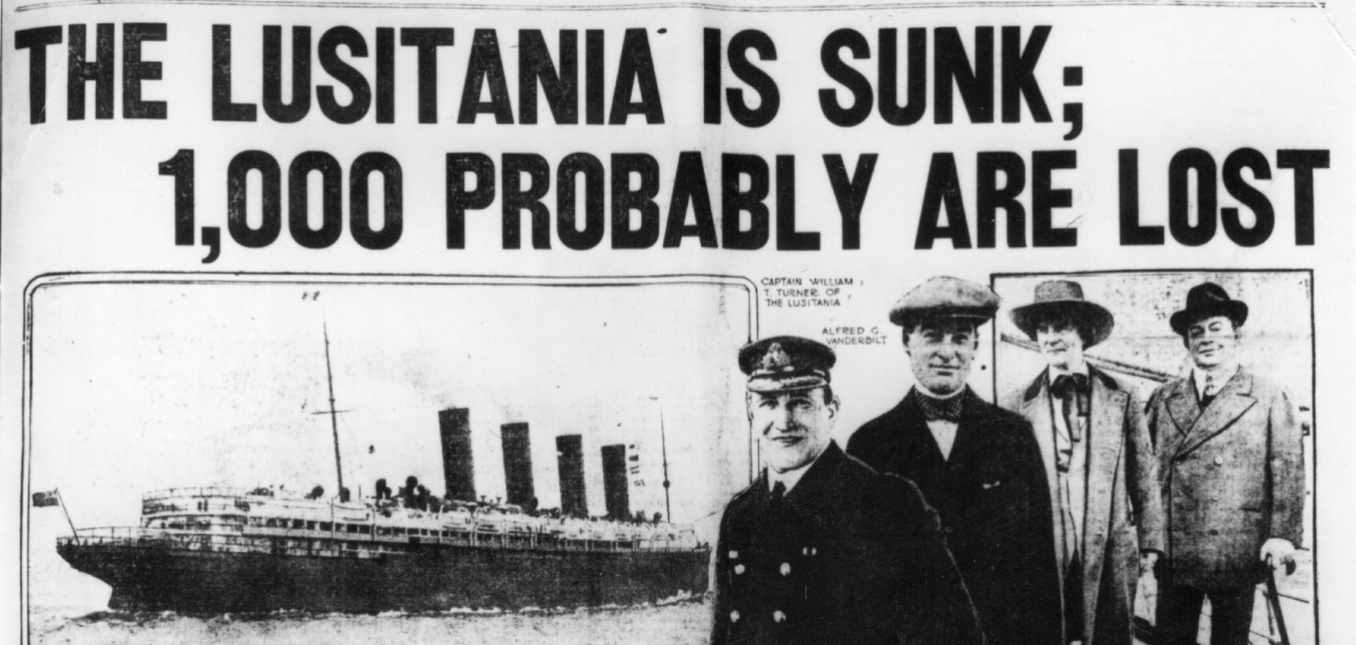 The front page of the New York Herald newspaper carrying the news of the sinking of the British liner RMS Lusitania by a German U-boat on May 7, 1915.