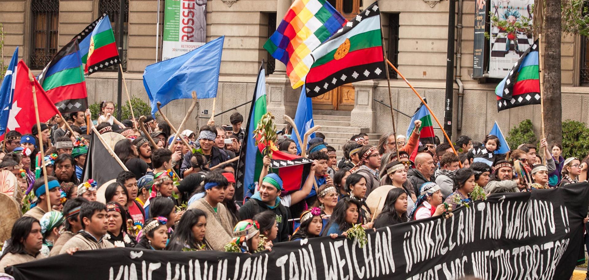 Chile's largest indigenous group, the Mapuches, protest in Santiago on Oct. 12, 2015. The group is working to reclaim land taken from them during the country's military dictatorship.