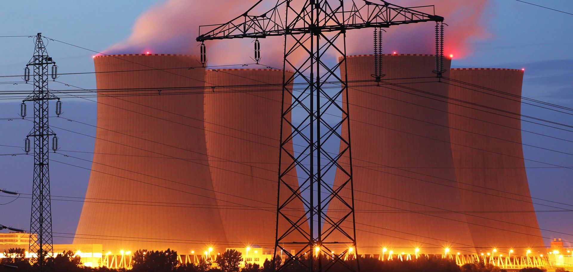 Streetlights illuminate the four cooling towers of the Temelin nuclear power plant in the Czech Republic in 2011.