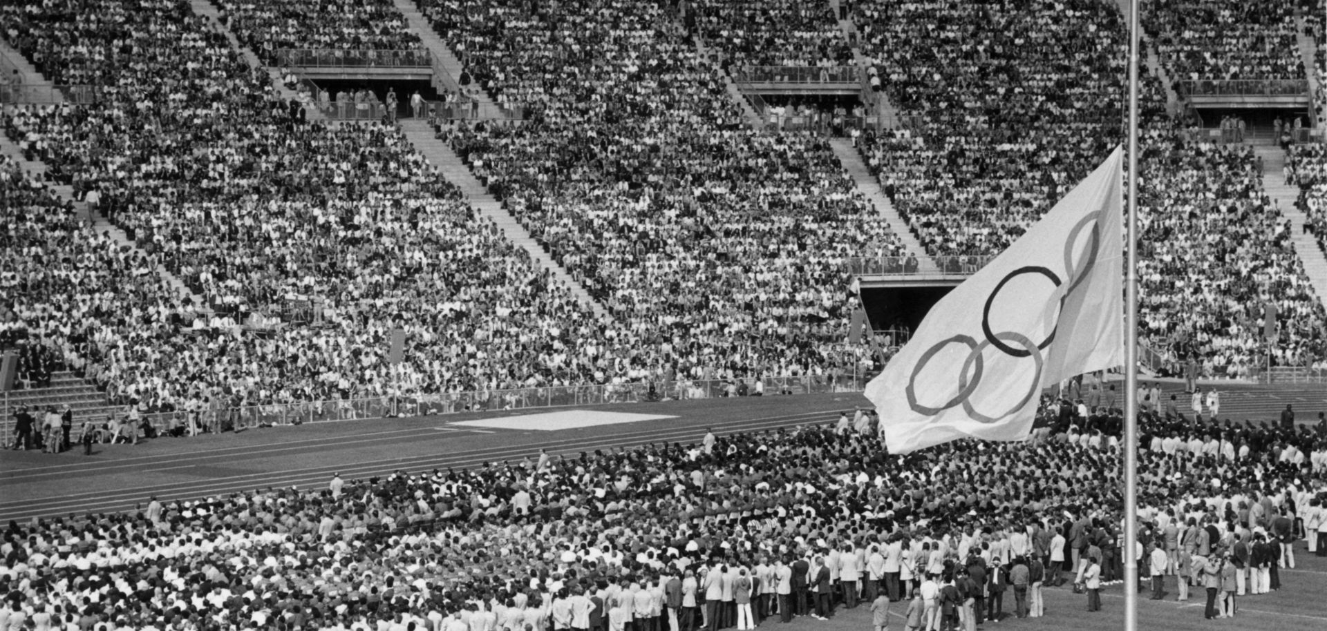 The Olympic flag flying at half-mast in the Olympic Stadium in Munich during the Sept. 6, 1972, memorial service for the Israeli athletes who were killed by terrorists the day before.