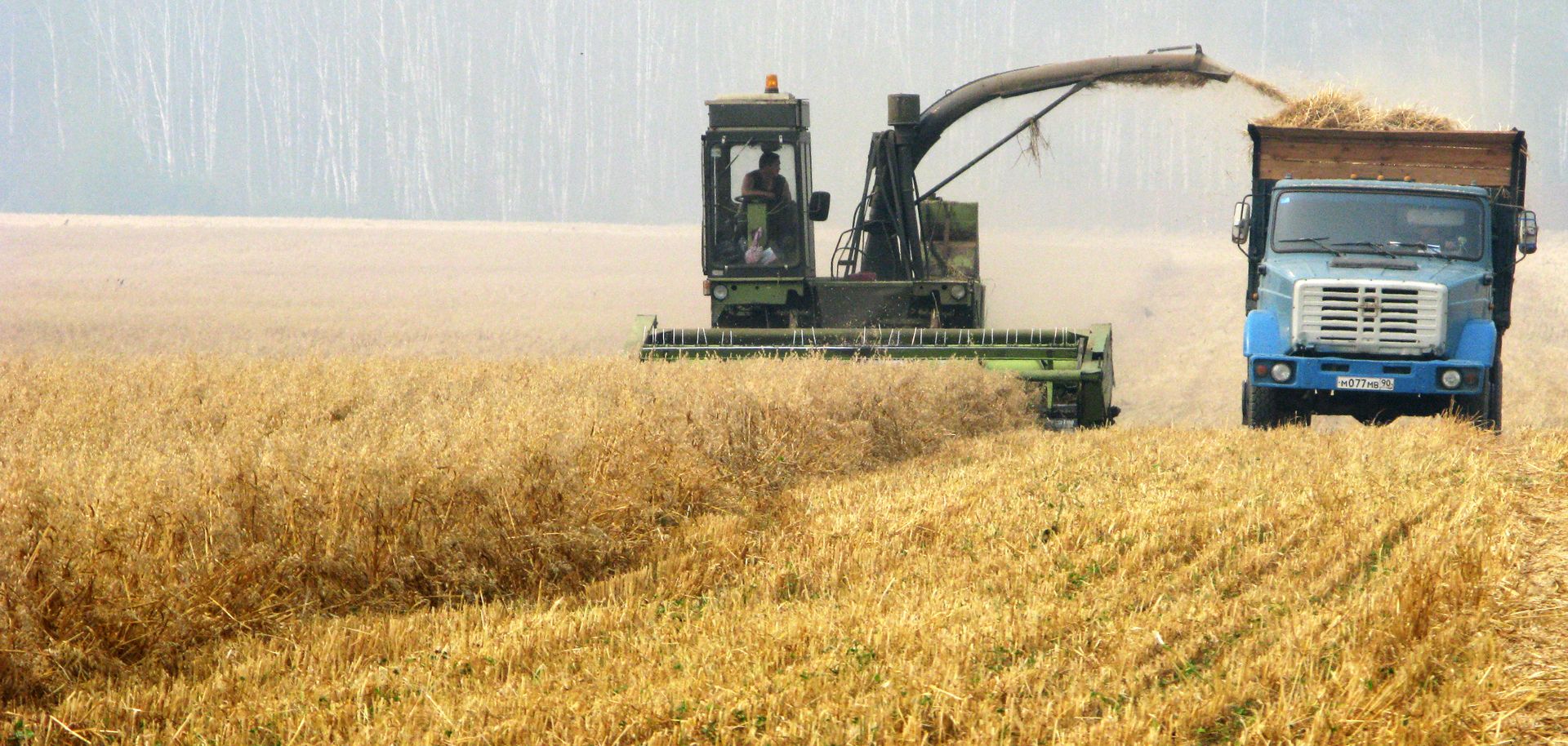 A self-propelled combine harvester on a field near a village south of Moscow on Aug. 15, 2010.