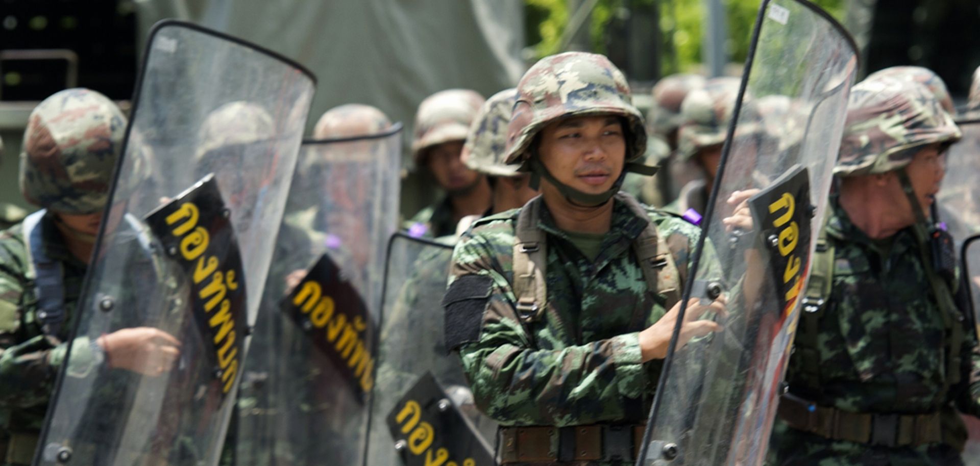 Thai soldiers patrol at the Army Club in Bangkok on May 20.