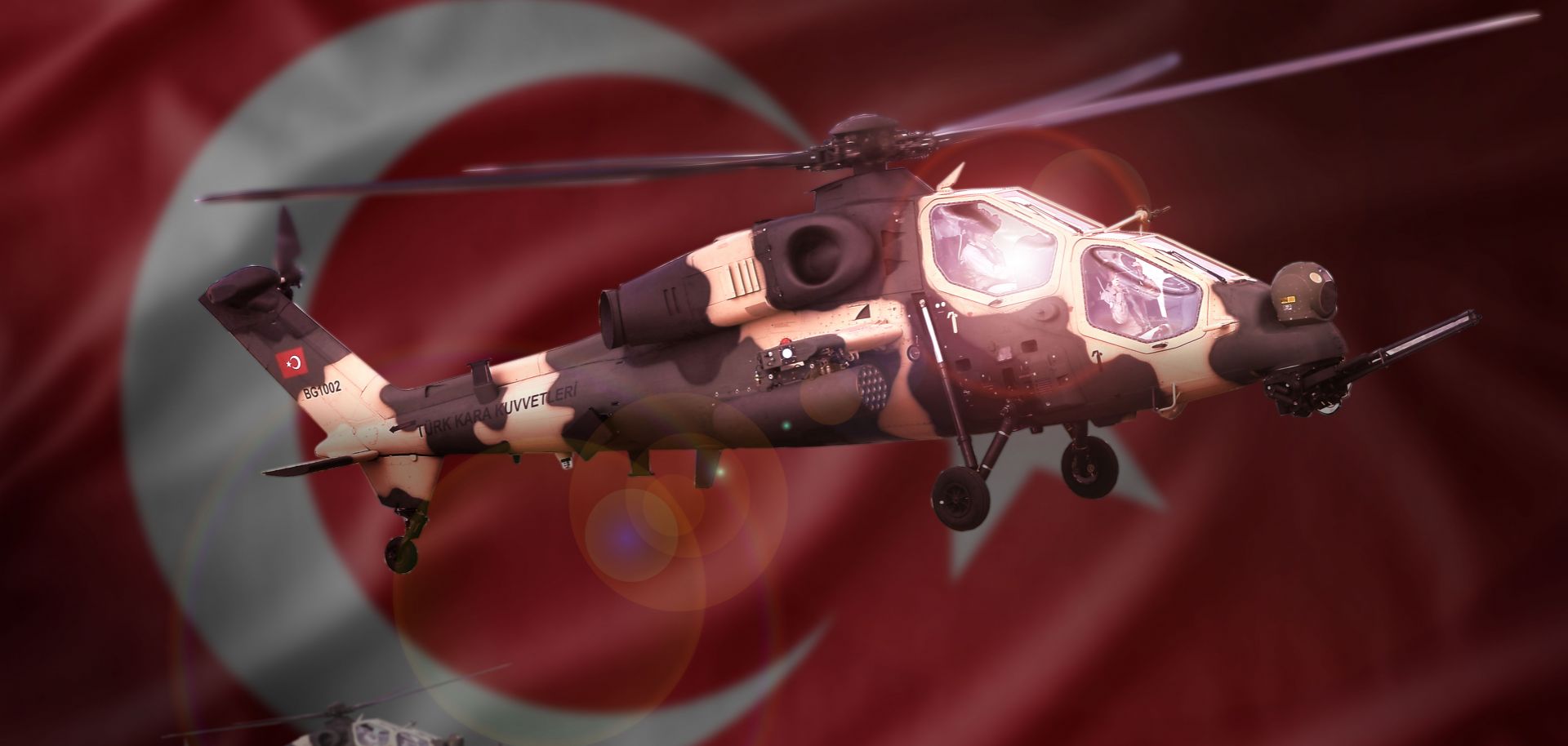 A picture of a T129 attack helicopter produced by Turkish Aerospace Industries in partnership with Anglo-Italian company AgustaWestland.