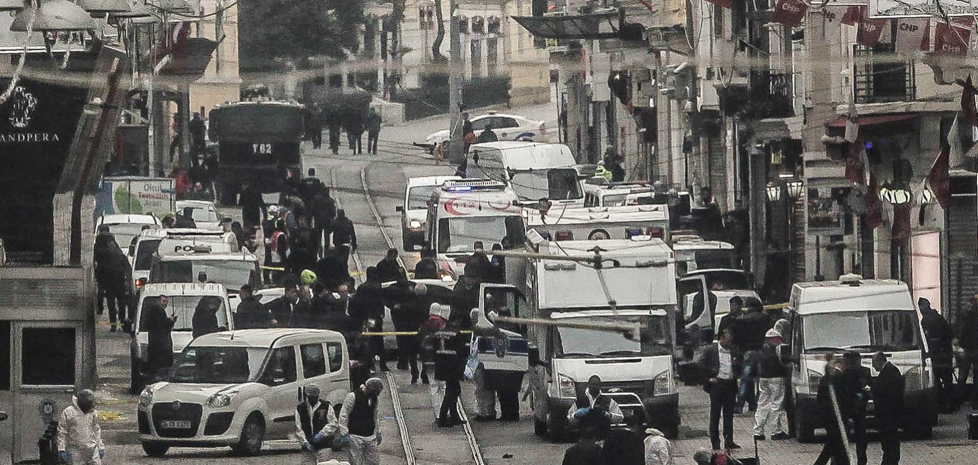 Turkish emergency services respond to a March 19 suicide bomb attack on Istanbul's Istiklal Street, an area popular among tourists.