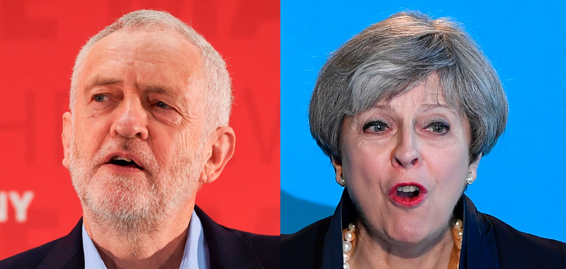 Prime Minister Theresa May (r), who called snap elections in the United Kingdom with the expectation that it would strengthen her Conservative Party's hand, may instead see Jeremy Corbyn's Labour Party rise in stature.