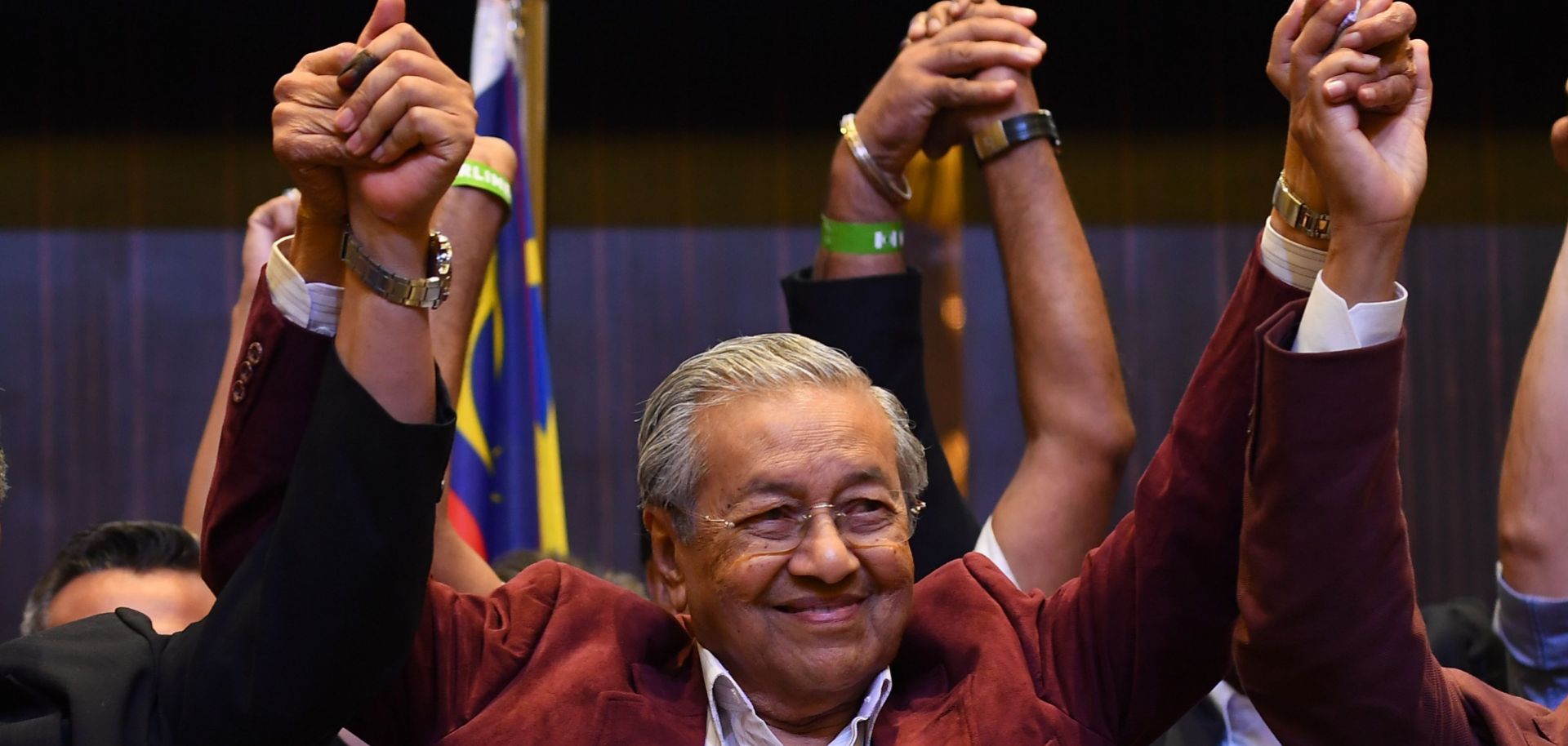 Mahathir Mohamad, who served as Malaysia's prime minister from 1981-2003, celebrates his victory and return to power in the country's election in May 2018.