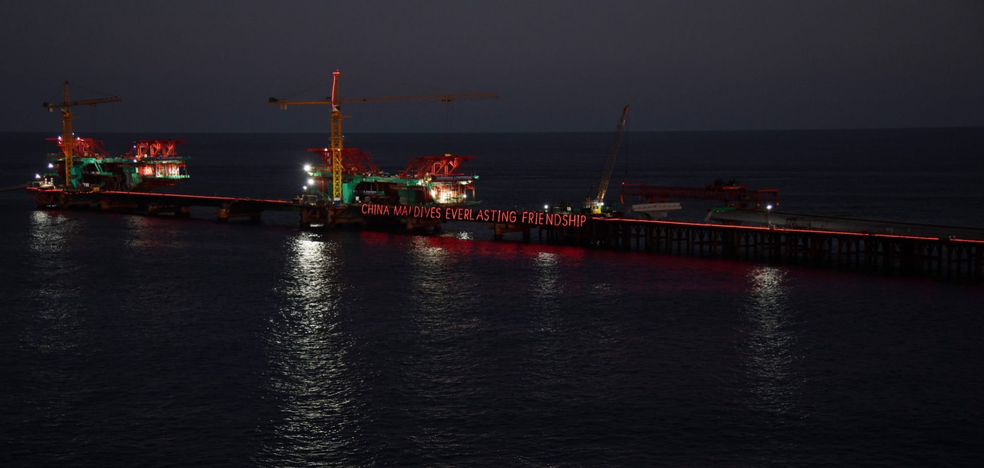 The China-Maldives Friendship Bridge is under construction in Male, the Maldivian capital.