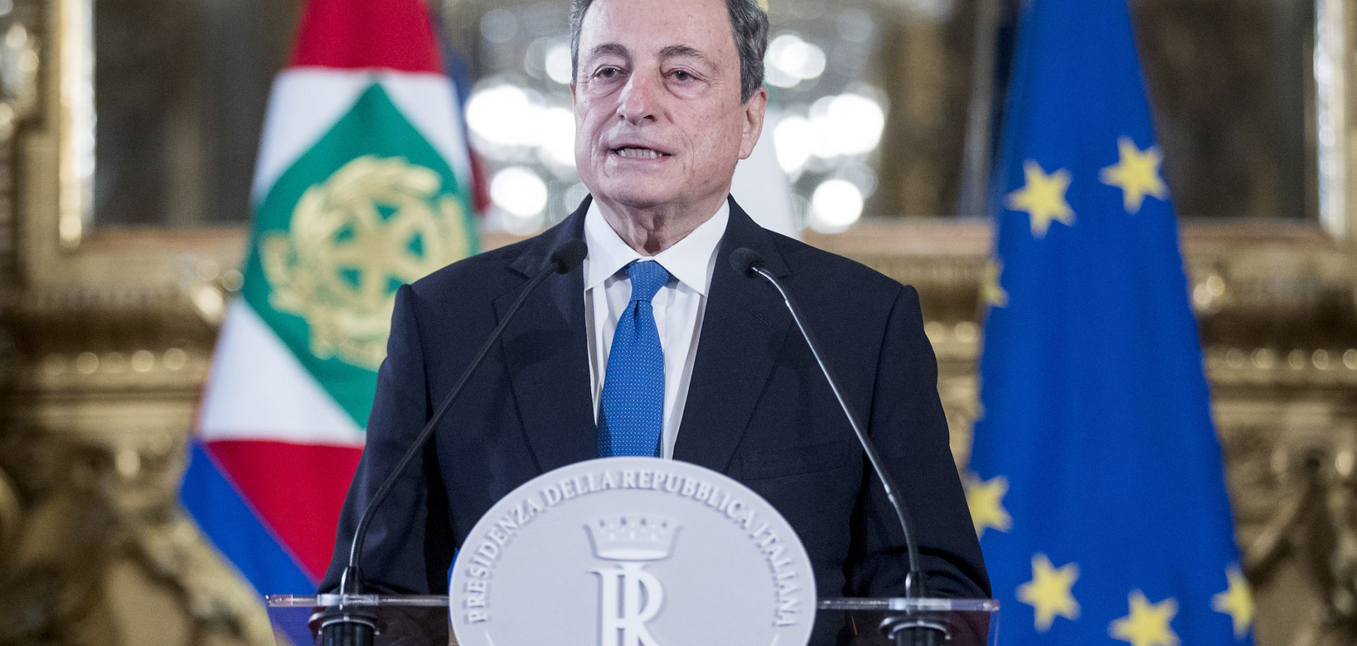 Italian Prime Minister Mario Draghi-designate speaks to the media on Feb. 3, 2021, in Rome.