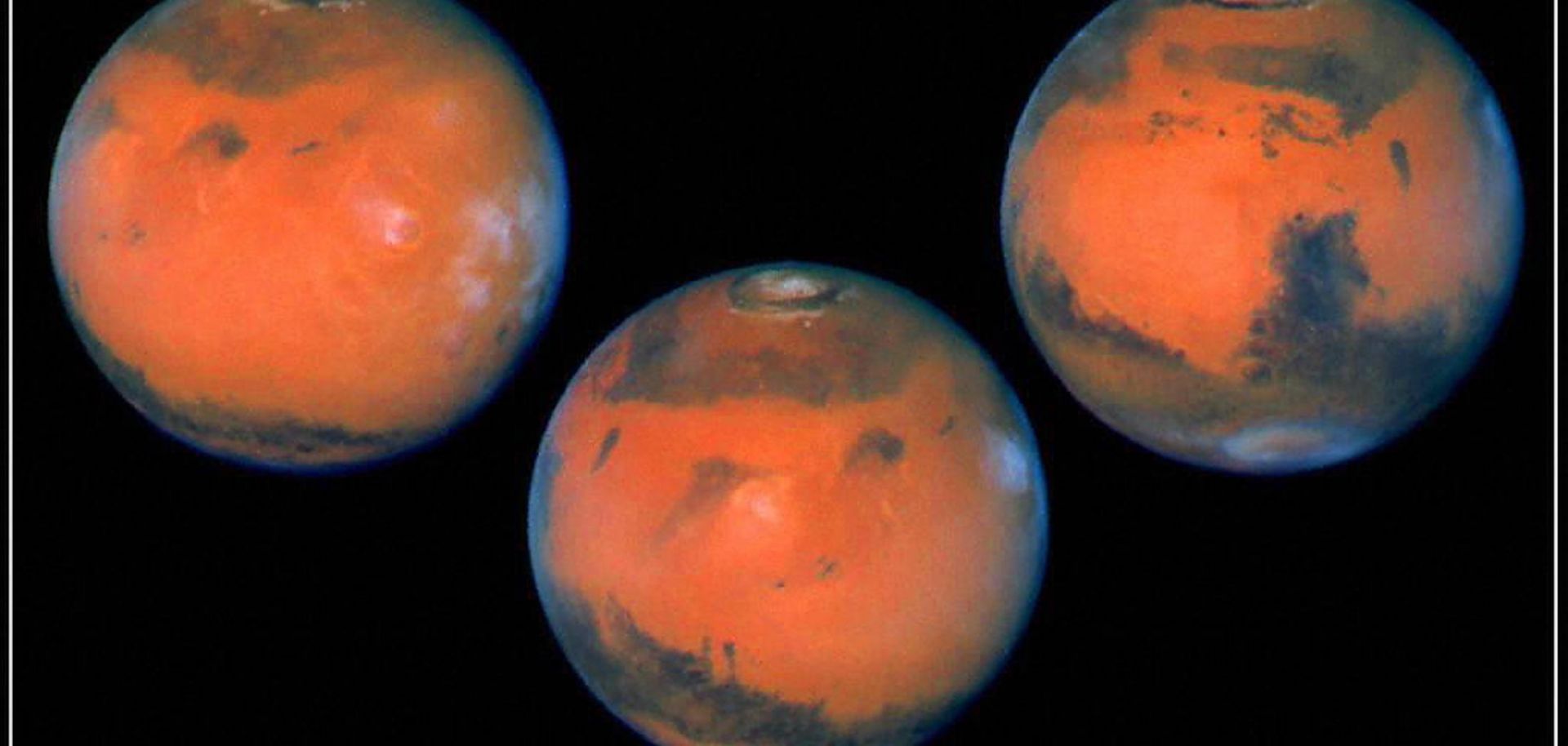 A NASA photo shows a full rotation of the planet Mars as seen through the recently upgraded Hubble Telescope using the wide-field planetary camera. The photos were taken six hours apart, which allows for almost full planetary coverage.