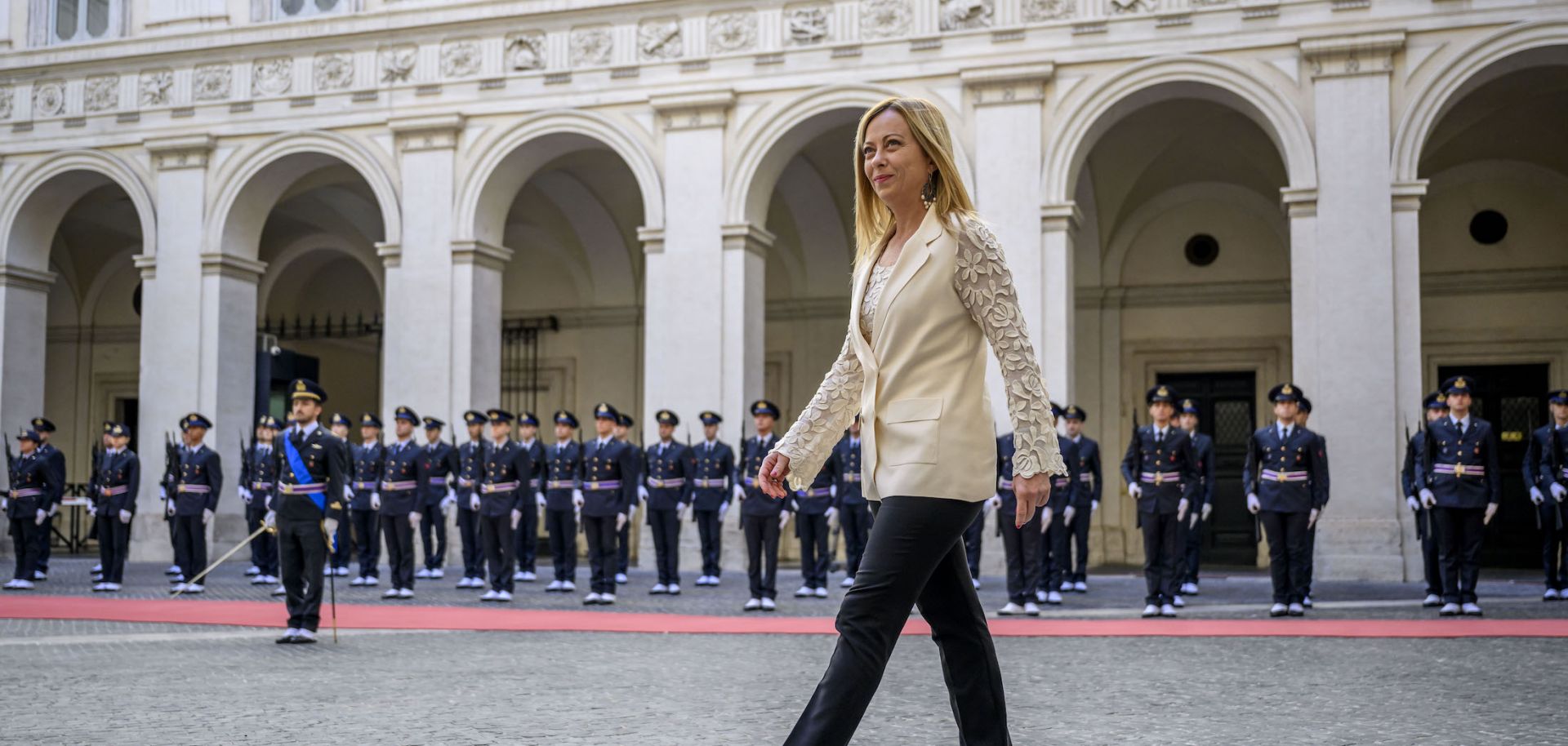 Italian Prime Minister Giorgia Meloni waits to welcome Bahrain's king (not pictured) at Palazzo Chigi in Rome, Italy, on Oct. 17, 2023. 