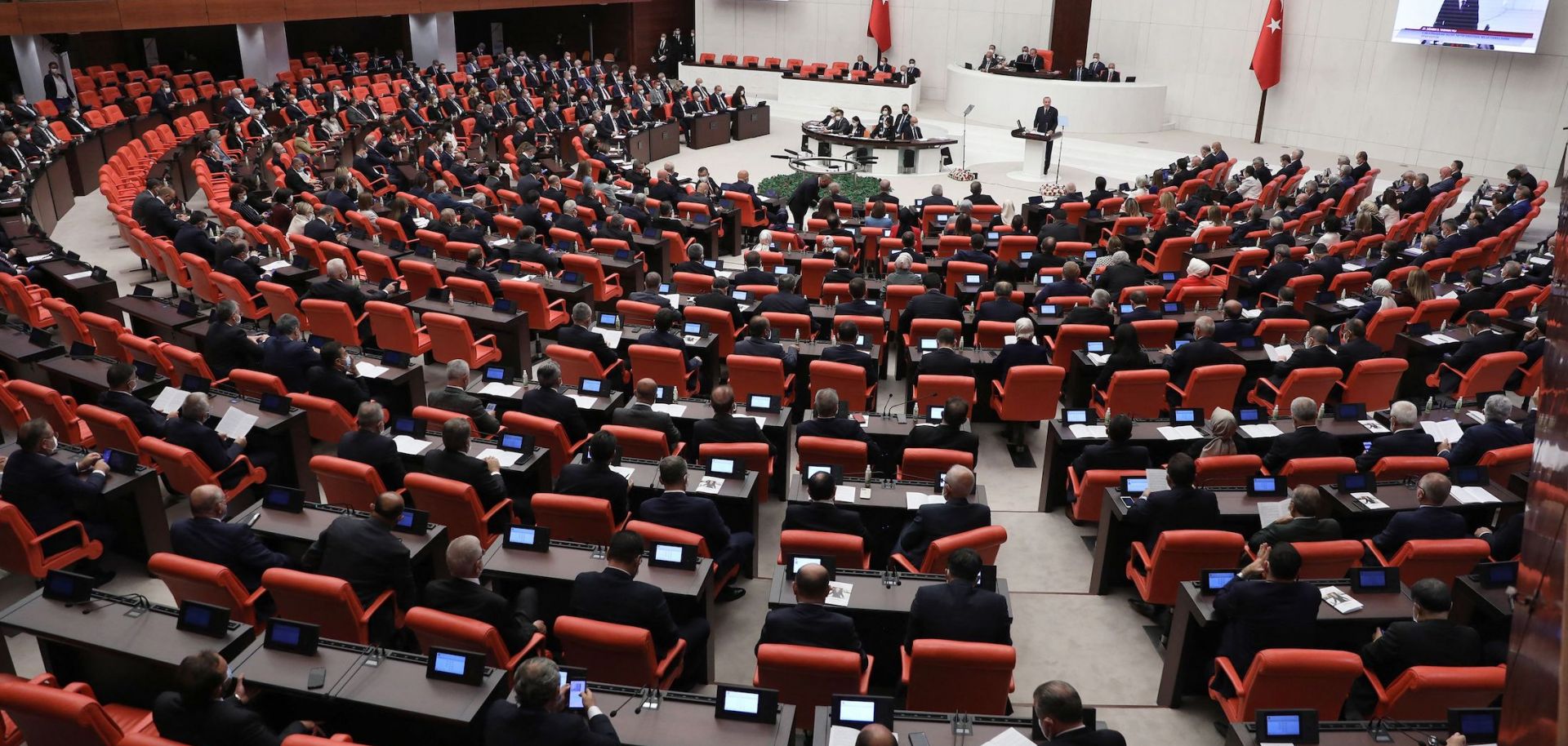 Turkish President Recep Tayyip Erdogan addresses the Grand National Assembly of Turkey in Ankara. 