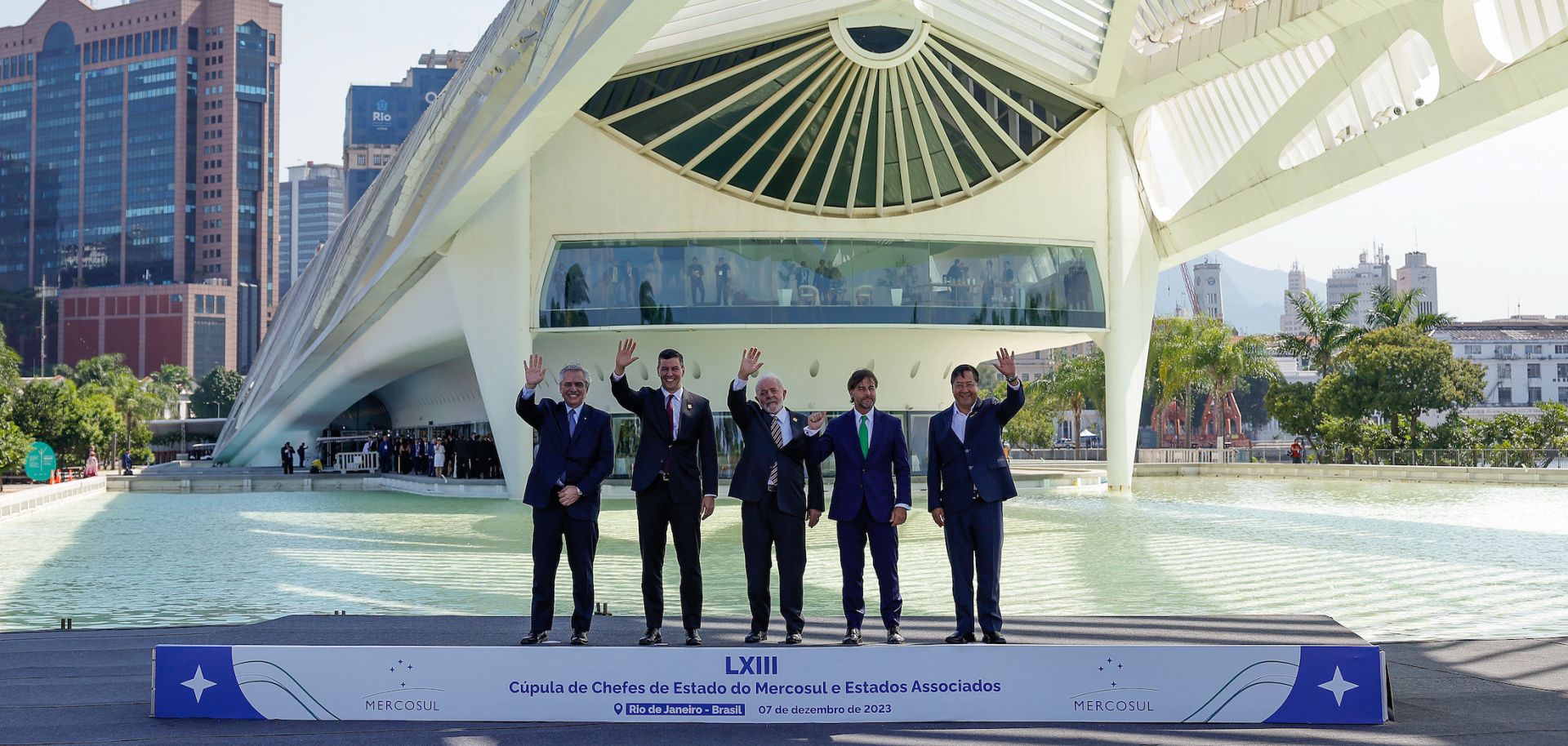 (From left to right) The presidents of Argentina, Paraguay, Brazil, Uruguay and Bolivia pose for photographs during the annual Mercosur leadership summit on Dec. 7, 2023, in Rio de Janeiro, Brazil.