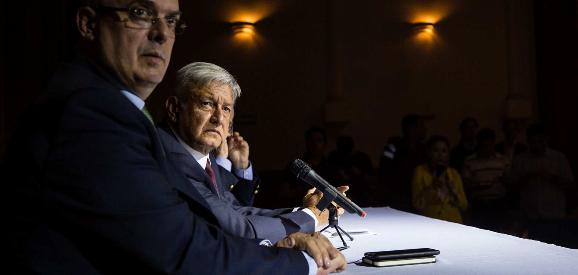 Mexican President-elect Andres Manuel Lopez Obrador speaks during a press conference to announce Marcelo Ebrard's appointment as foreign minister on July 5 in Mexico City. 