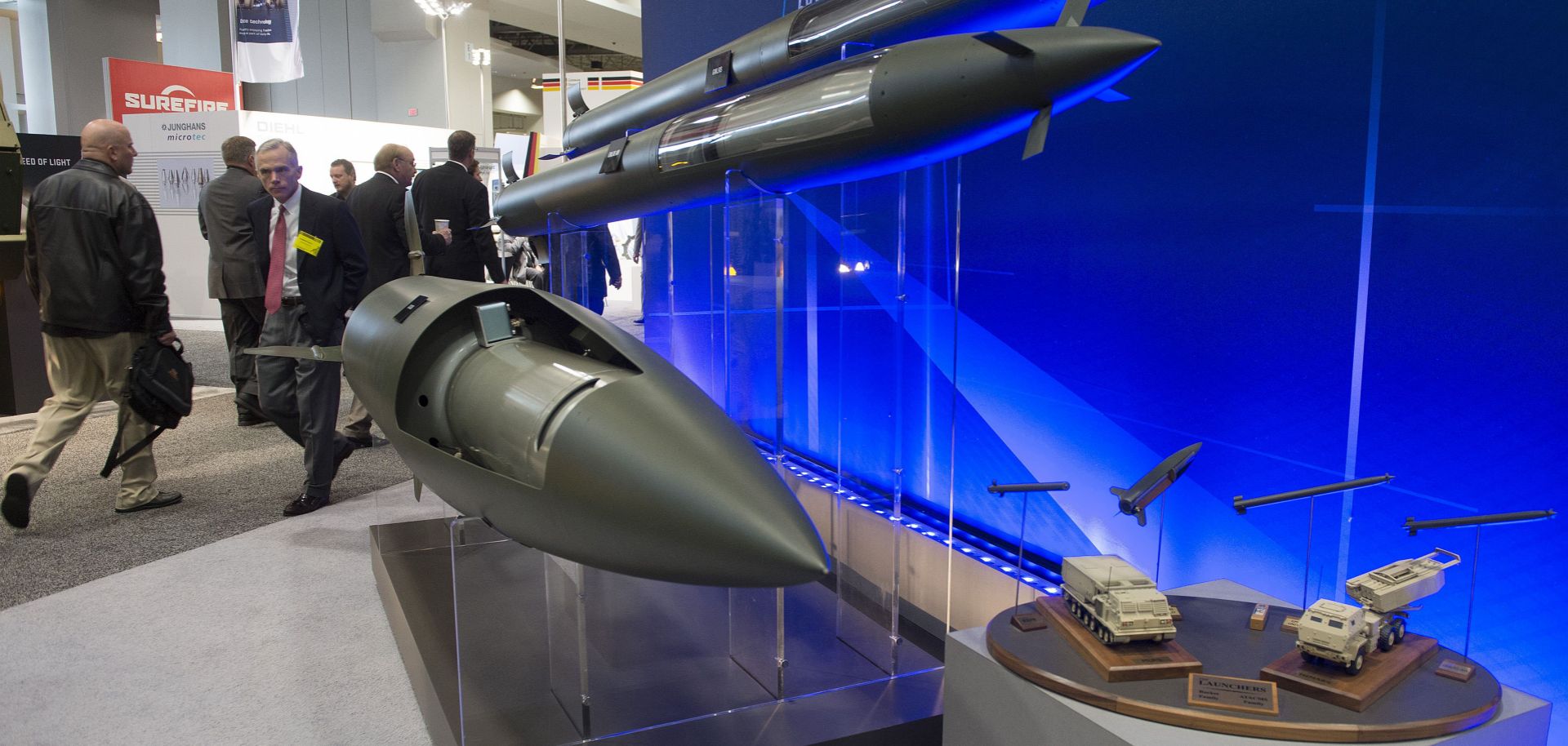 Missiles manufactured by Lockheed Martin are displayed during the Association of the United States Army's annual meeting and exposition in Washington, D.C., on Oct. 13, 2014.
