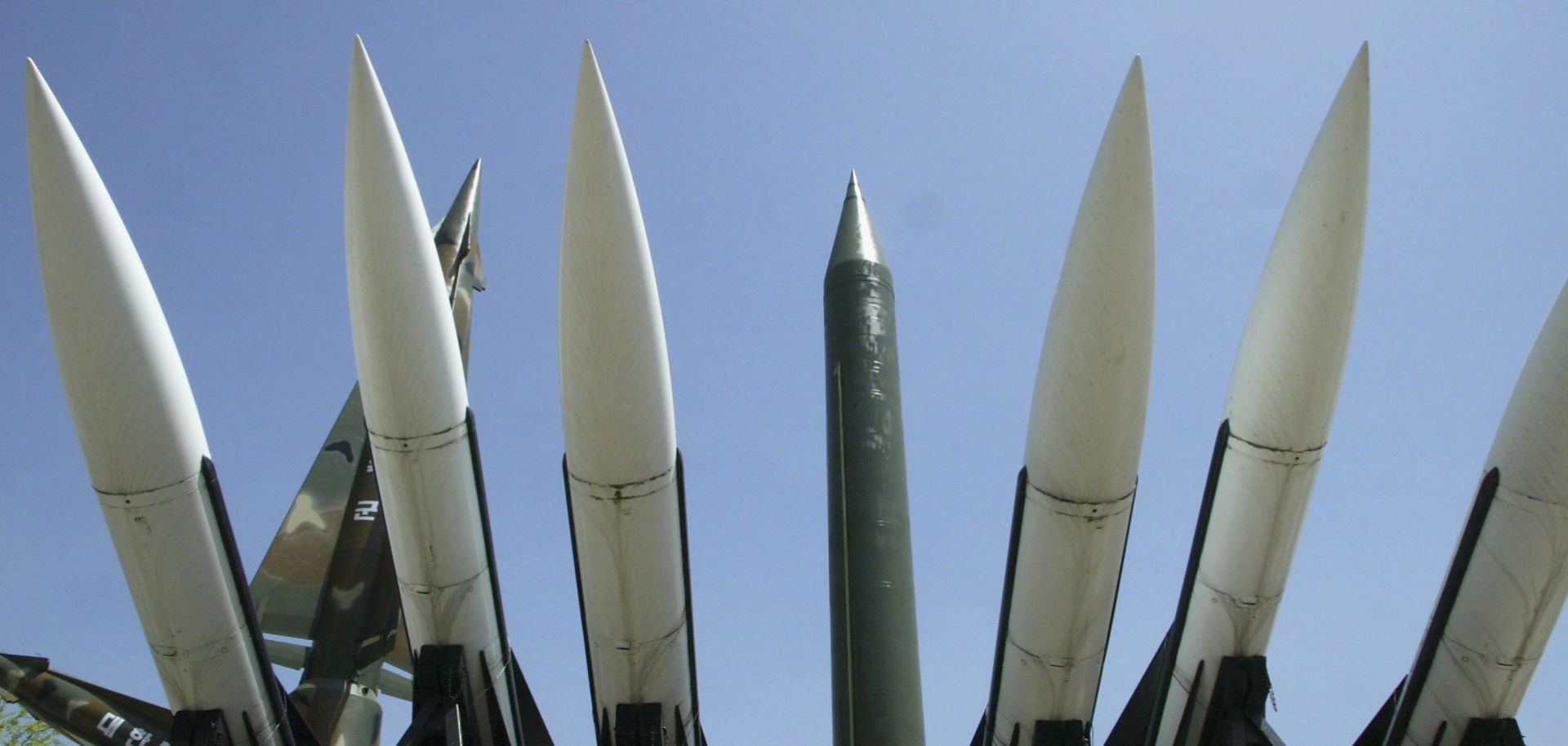 An array of North Korean, South Korean and American missiles stand on display at a museum in Seoul. 
