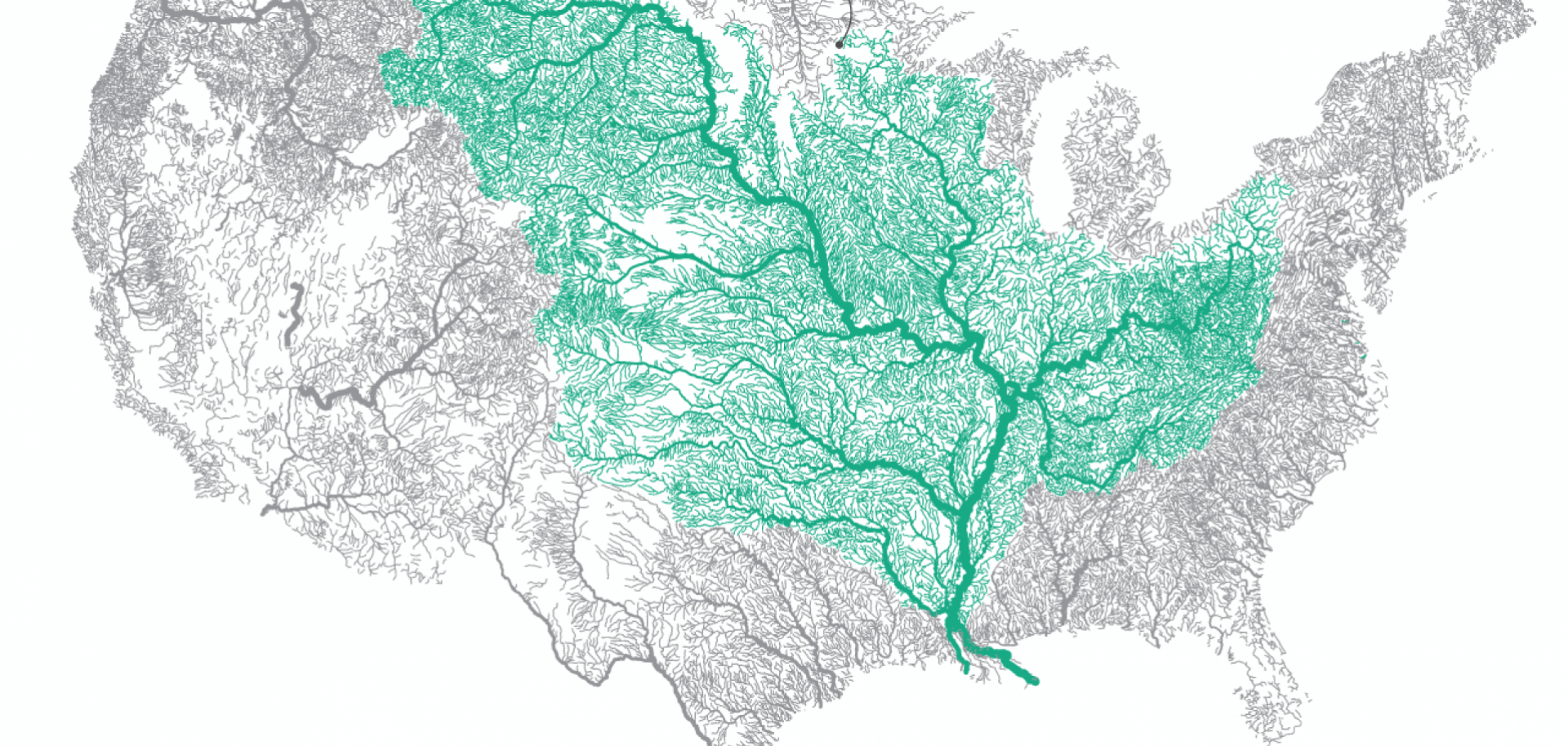 A map of the waterways in the Mississippi River Basin, derived from geographic information systems (GIS) technology.