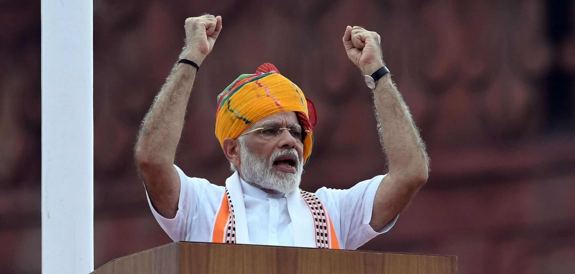 Indian Prime Minister Narendra Modi delivers a speech to the nation during a ceremony to celebrate the country's 73rd Independence Day, which marks the of the end of British colonial rule, at New Delhi's Red Fort on Aug. 15, 2019.