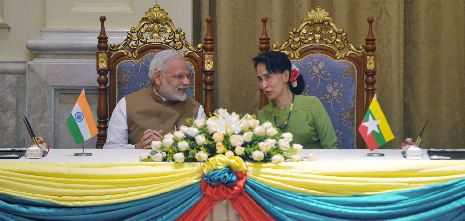 India's Prime Minister Narendra Modi visits Myanmar's State Counselor Aung San Suu Kyi in Naypyidaw on Sept. 6.