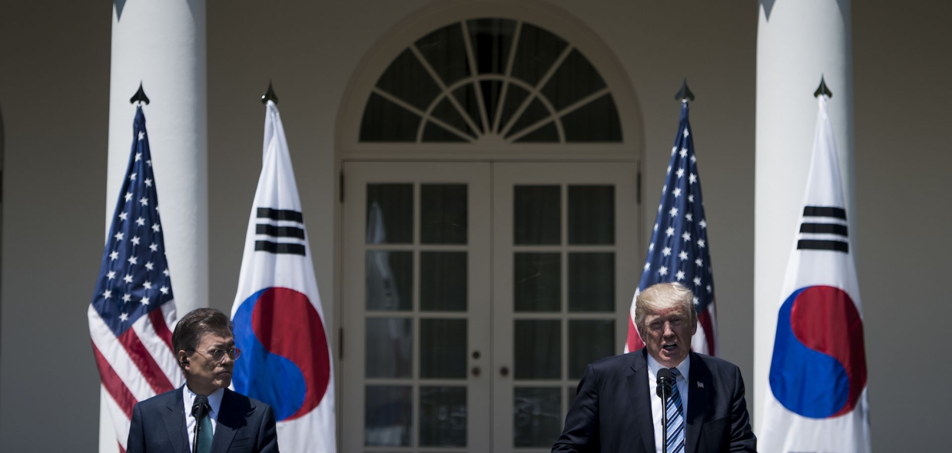 South Korean President Moon Jae In and U.S. President Donald Trump hold a news conference outside the White House on June 30, 2017.