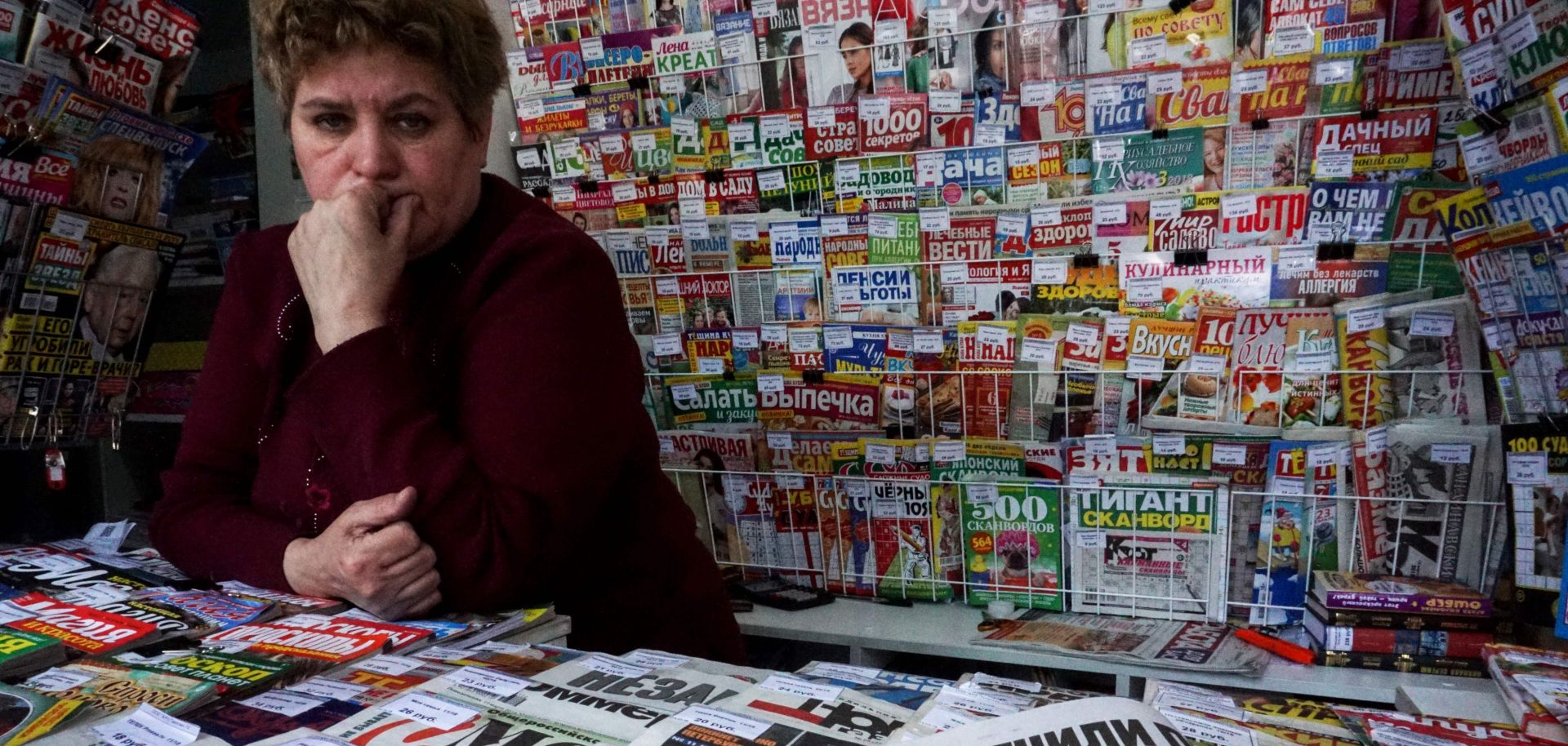 At a newsstand in Moscow, a paper announces Russian President Vladimir Putin's re-election.