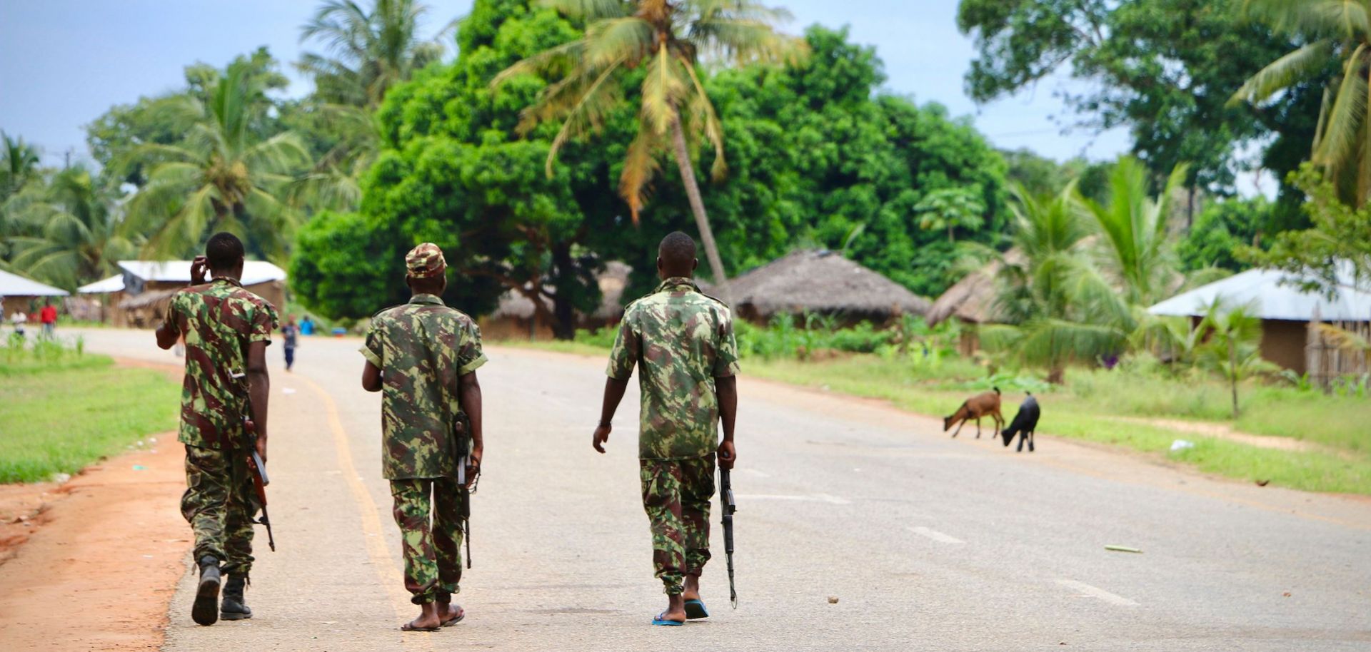 Soldiers patrol the streets in Mocimboa da Praia, Mozambique, on March 7, 2018. 