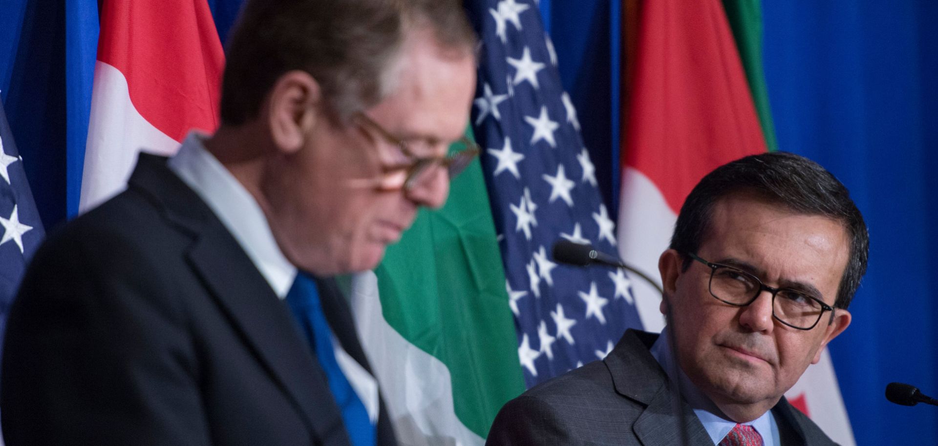 Mexican Economy Secretary Ildefonso Guajardo Villarreal watches U.S. Trade Representative Robert Lighthizer during NAFTA negotiations, which have failed to sufficiently progress.