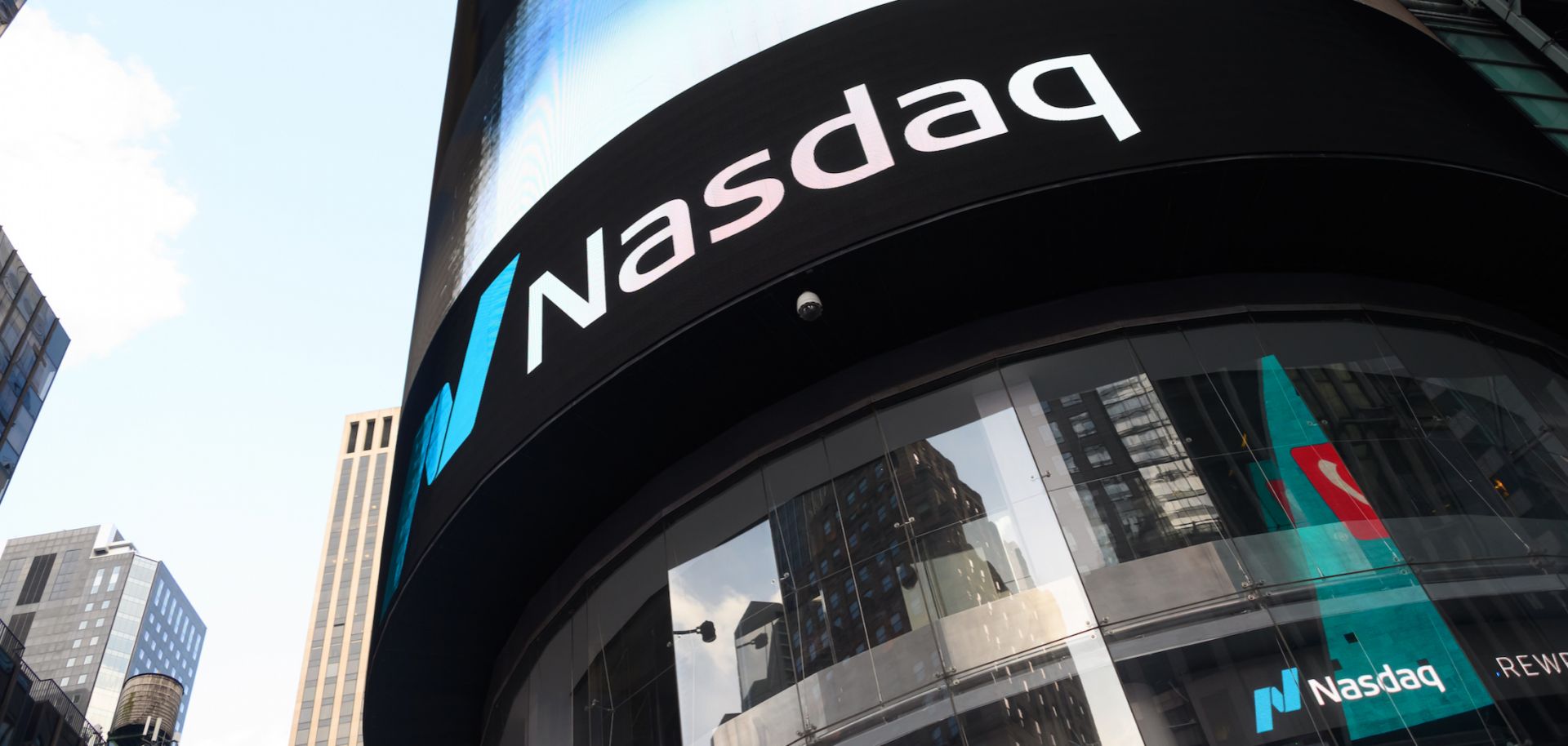 A view of NASDAQ in Times Square on May 7, 2020, in New York City.
