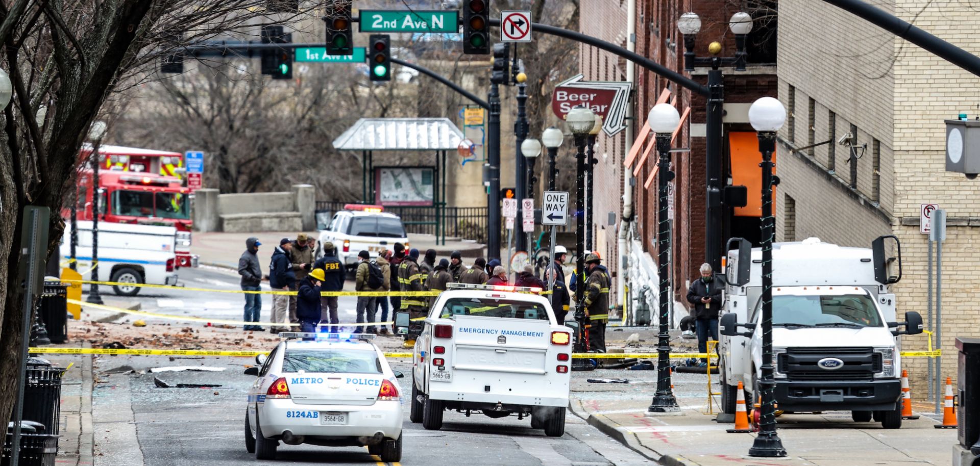FBI and first responders work on the scene after an explosion in Nashville, Tennessee, on Dec. 25, 2020. According to initial reports, a vehicle exploded downtown in the early morning hours of Christmas Day. 