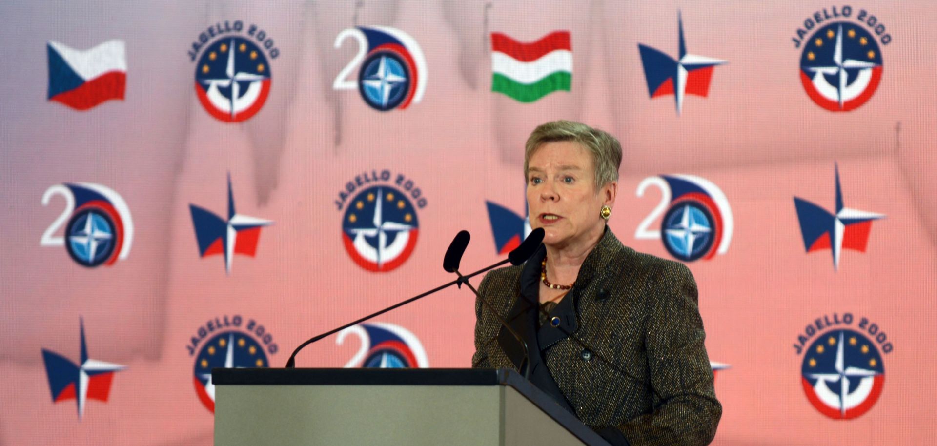 This photo shows Rose Gottemoeller, deputy secretary-general of NATO, delivering a speech in Prague, Czech Republic, on the occasion of the 20th anniversary of the military alliance's eastward expansion.