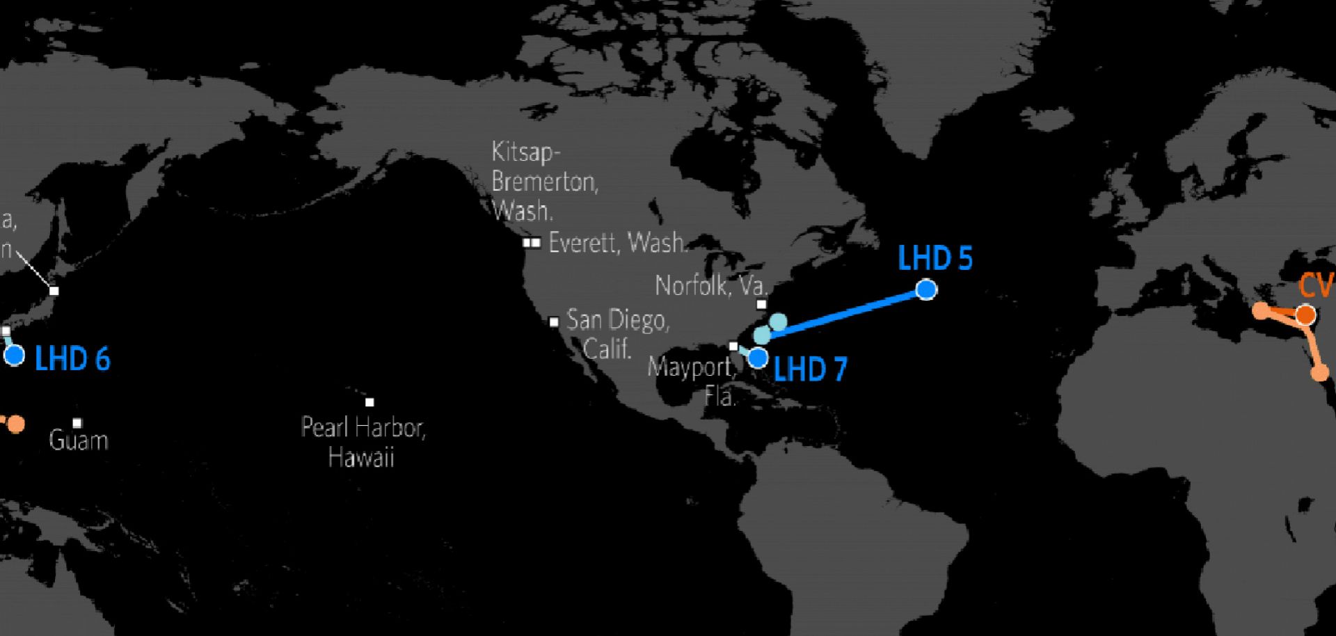 This map shows the approximate locations of U.S. Carrier Strike Groups and Amphibious Ready Groups.