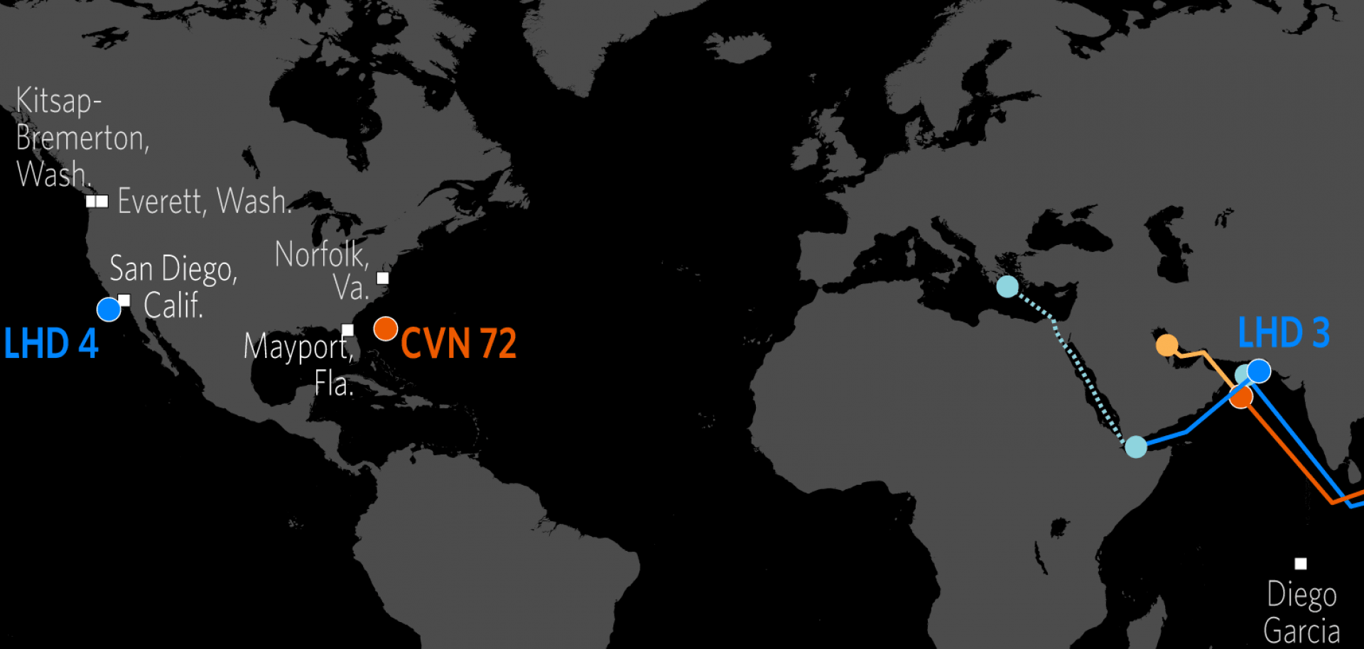 This map shows the approximate locations of U.S. Carrier Strike Groups and Amphibious Ready Groups.