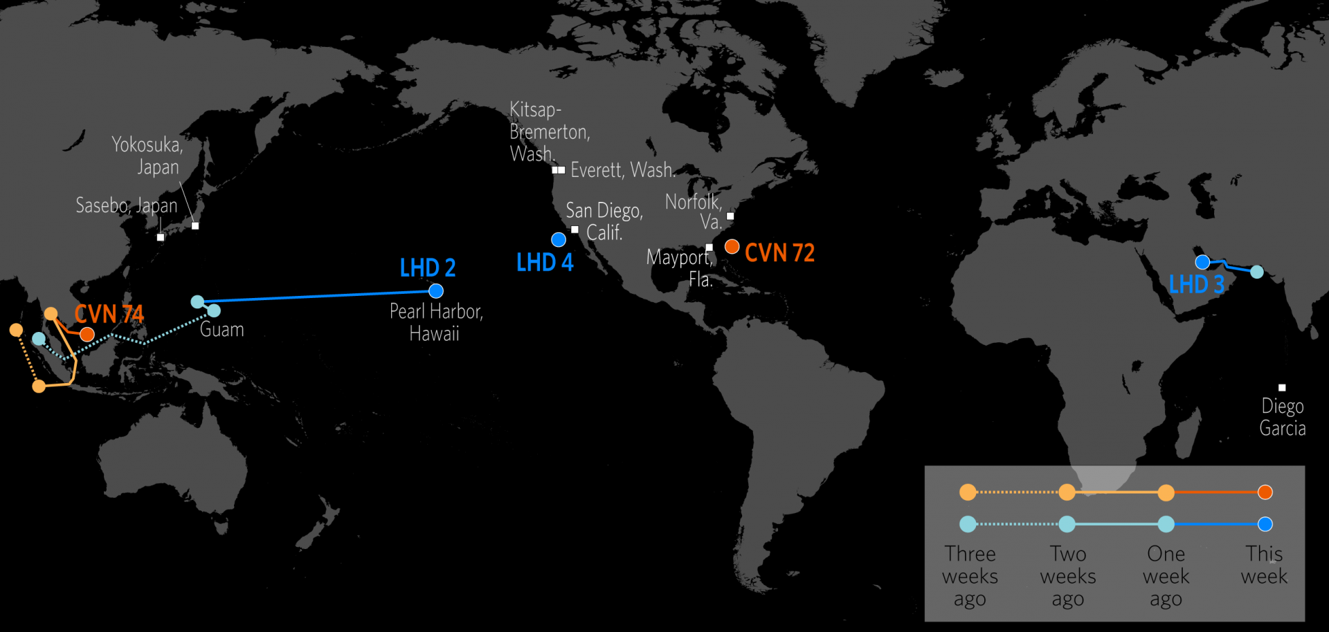 This map shows the approximate locations of U.S. Carrier Strike Groups and Amphibious Ready Groups.