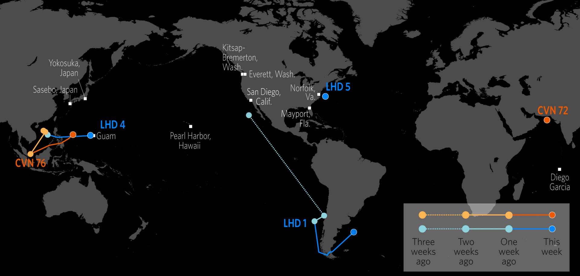 This map shows the approximate locations of U.S. Carrier Strike Groups and Amphibious Ready Groups.