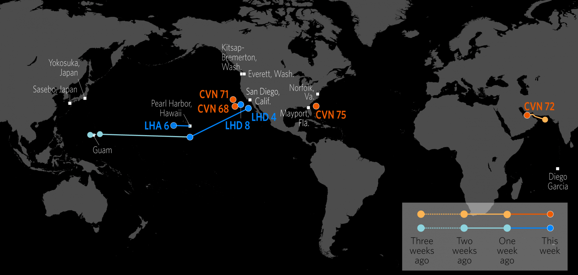 This map shows the approximate current locations of U.S. Carrier Strike Groups (CSGs) and Amphibious Ready Groups (ARGs), based on available open-source information.