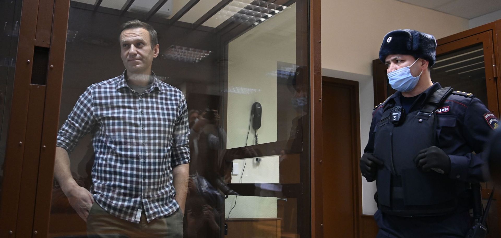 Russian opposition leader Alexei Navalny during a court hearing Feb. 20, 2021, in Moscow.