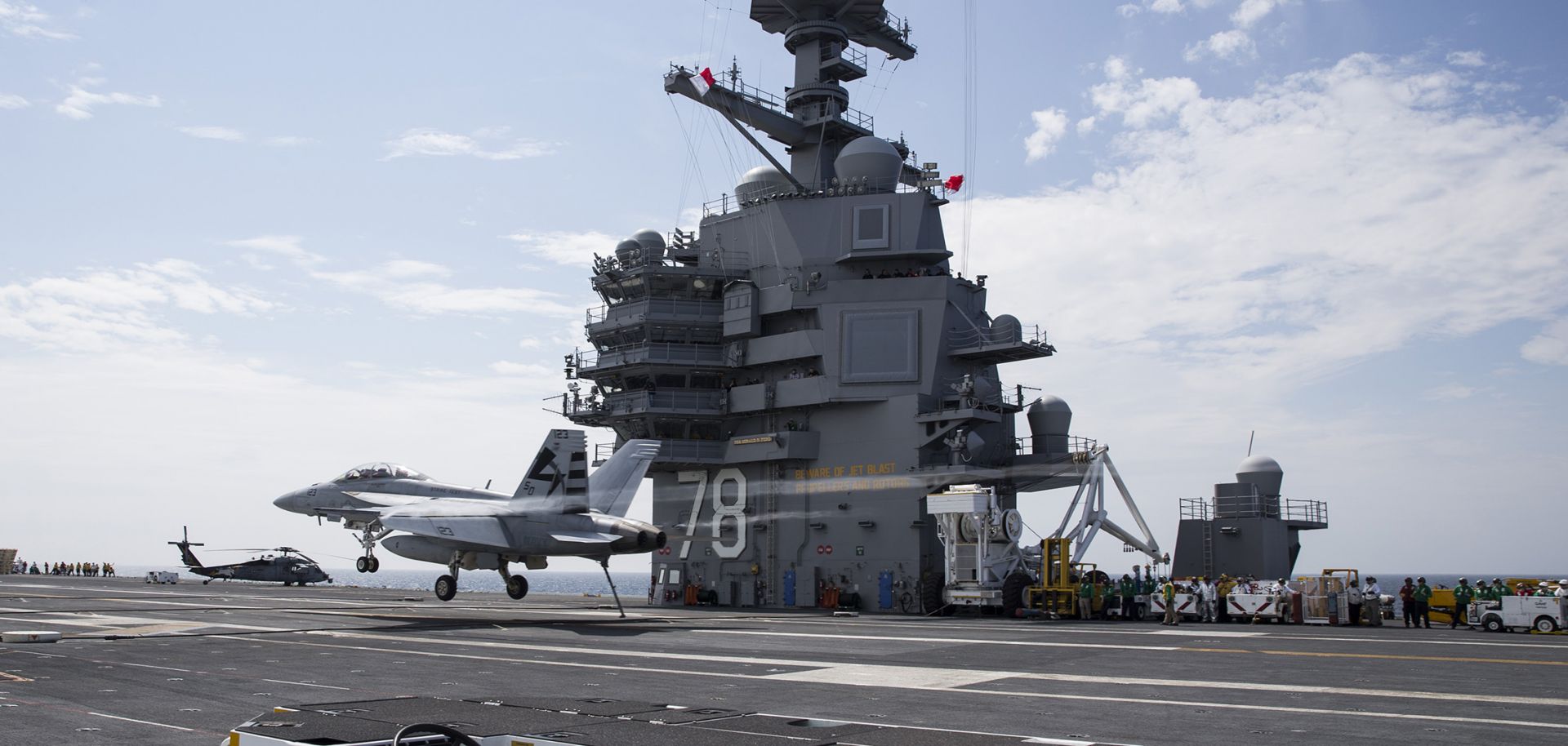 This picture shows the newest and most advanced carrier in the U.S. fleet, the USS Gerald R. Ford (CVN-78).