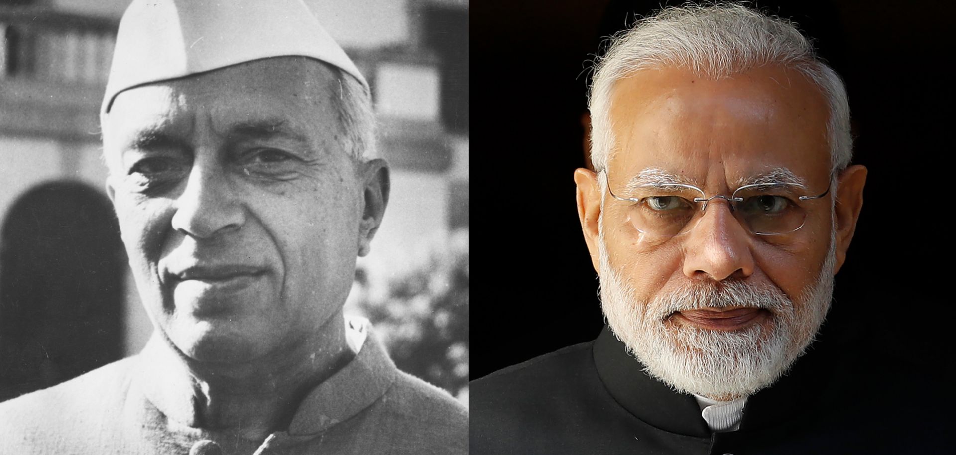The policies of current Indian Prime Minister Narendra Modi (R) represent a departure from the secularist vision of the country's first prime minister, Jawaharlal Nehru (L).
