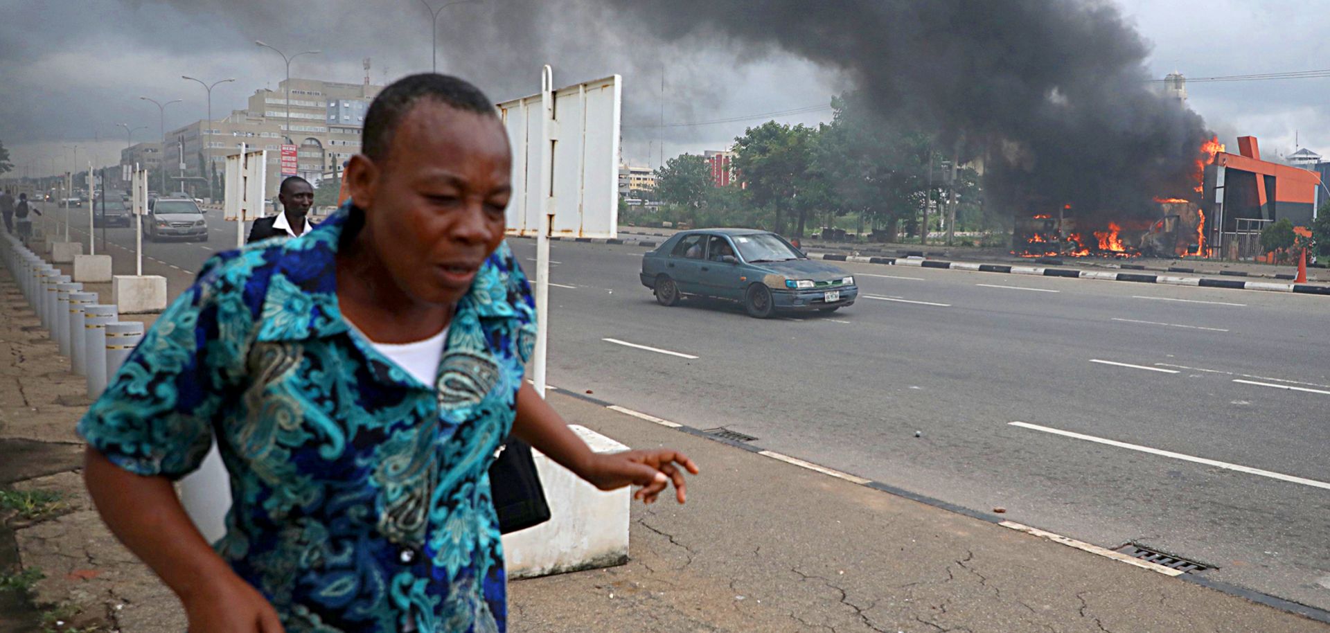 Members of the Islamic Movement of Nigeria were reported to have set this building on fire during clashes with police in Abuja, Nigeria's capital, on July 22, 2019.