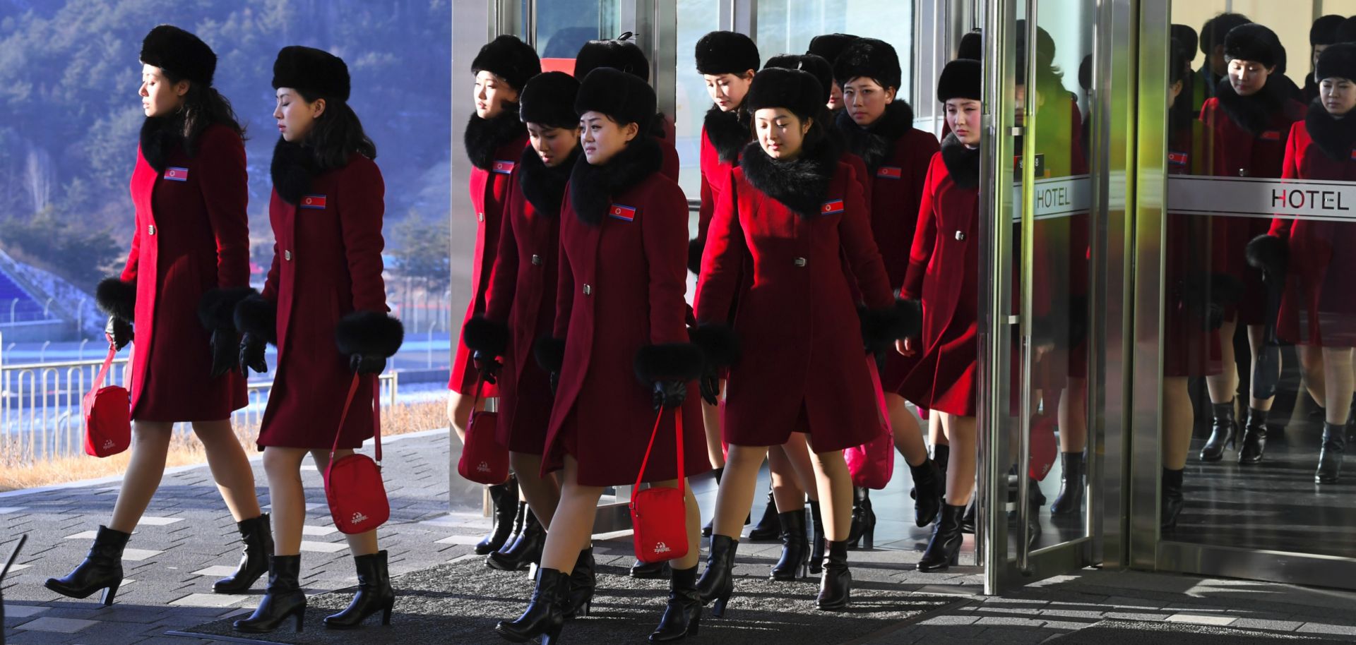 A delegation of North Korean supporters arrives in South Korea for the Olympics on Feb. 7, 2018.