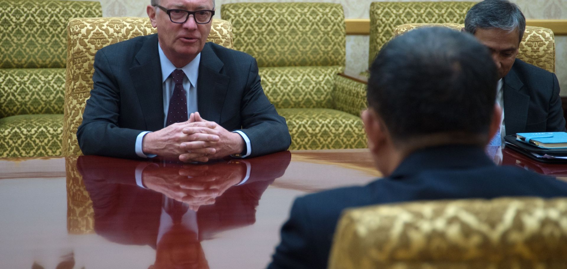 U.N. Under-Secretary-General for Political Affairs Jeffrey Feltman (L), met in Pyongyang with a senior member of the North Korean administration Dec. 7, 2017, marking the first such visit by a U.N. diplomat in seven years.