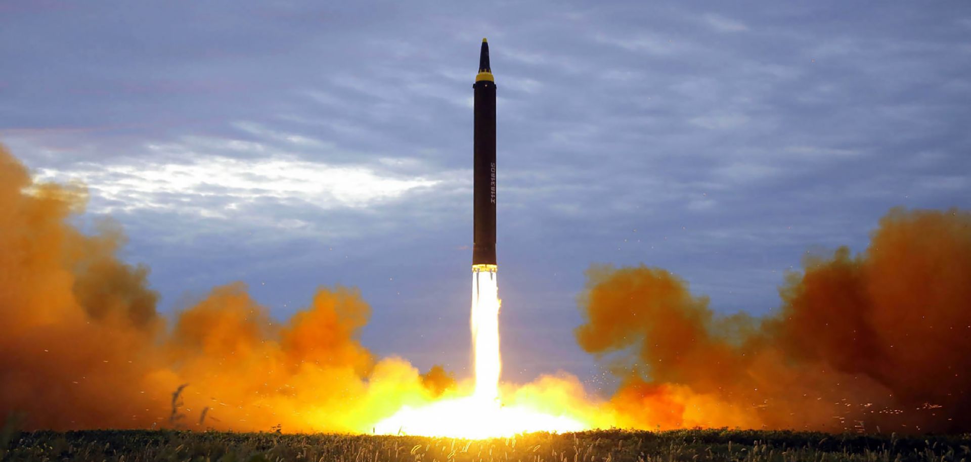 An image released by North Korea's official Korean Central News Agency shows the launch of a Hwasong-12 intermediate-range ballistic missile on Aug. 29, 2017.