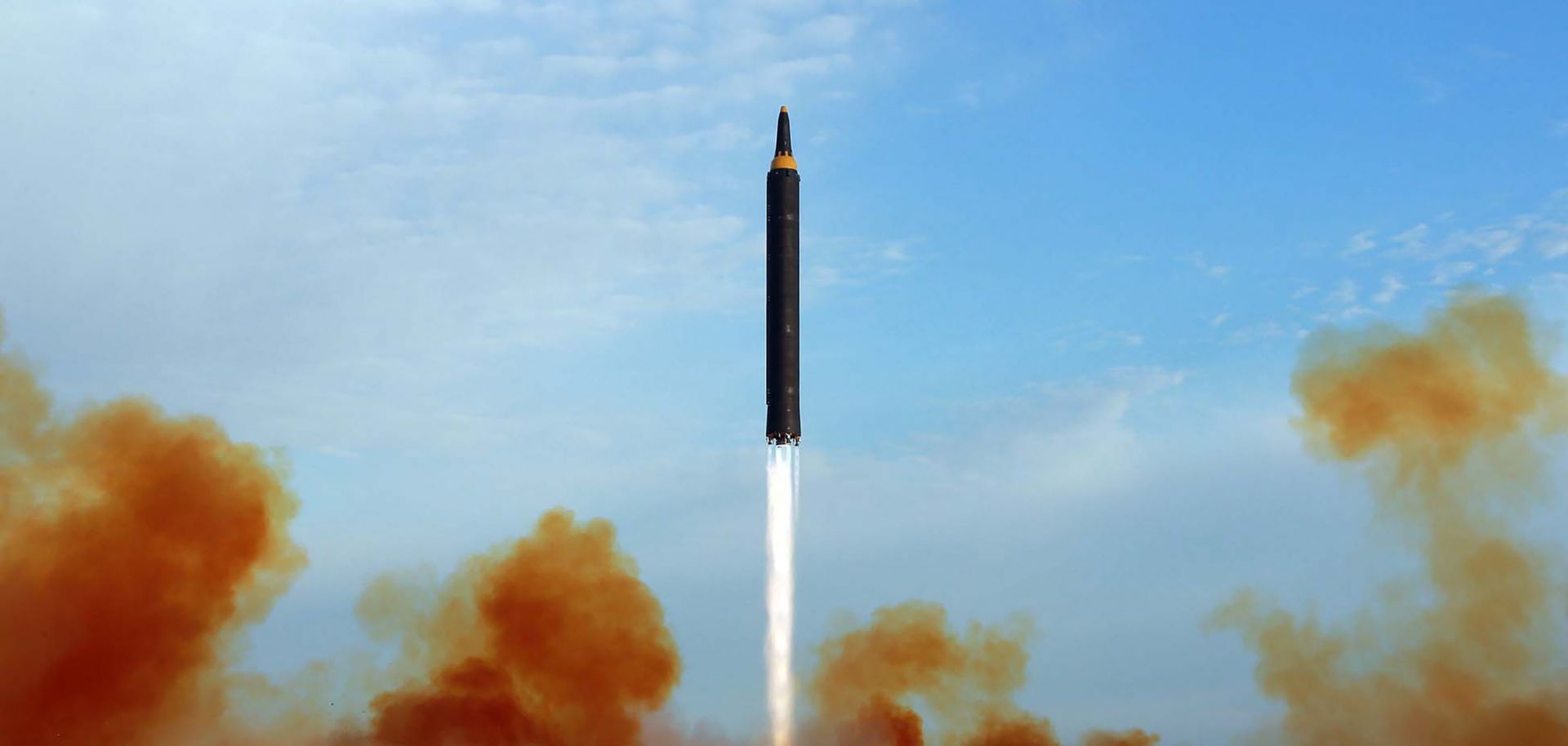 A launching drill of the medium-and-long range strategic ballistic rocket Hwasong-12 at an undisclosed location.